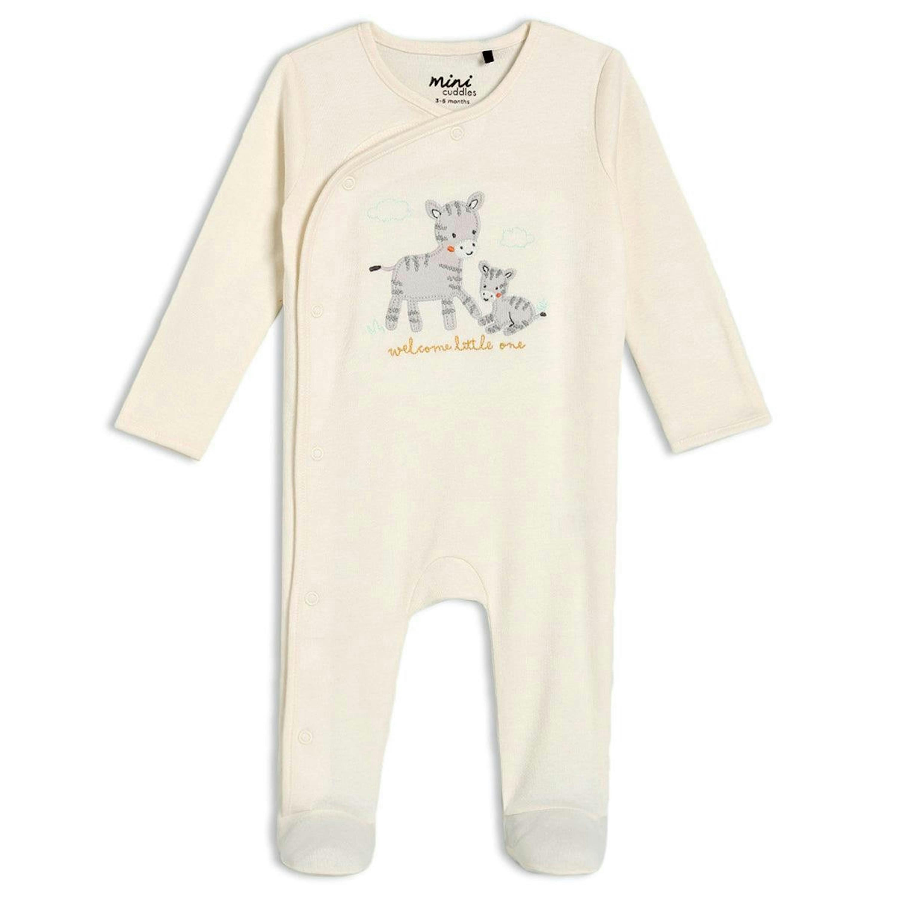 Baby Unisex Zebra Embroidered Sleepsuit, Cream , view 1 of 5