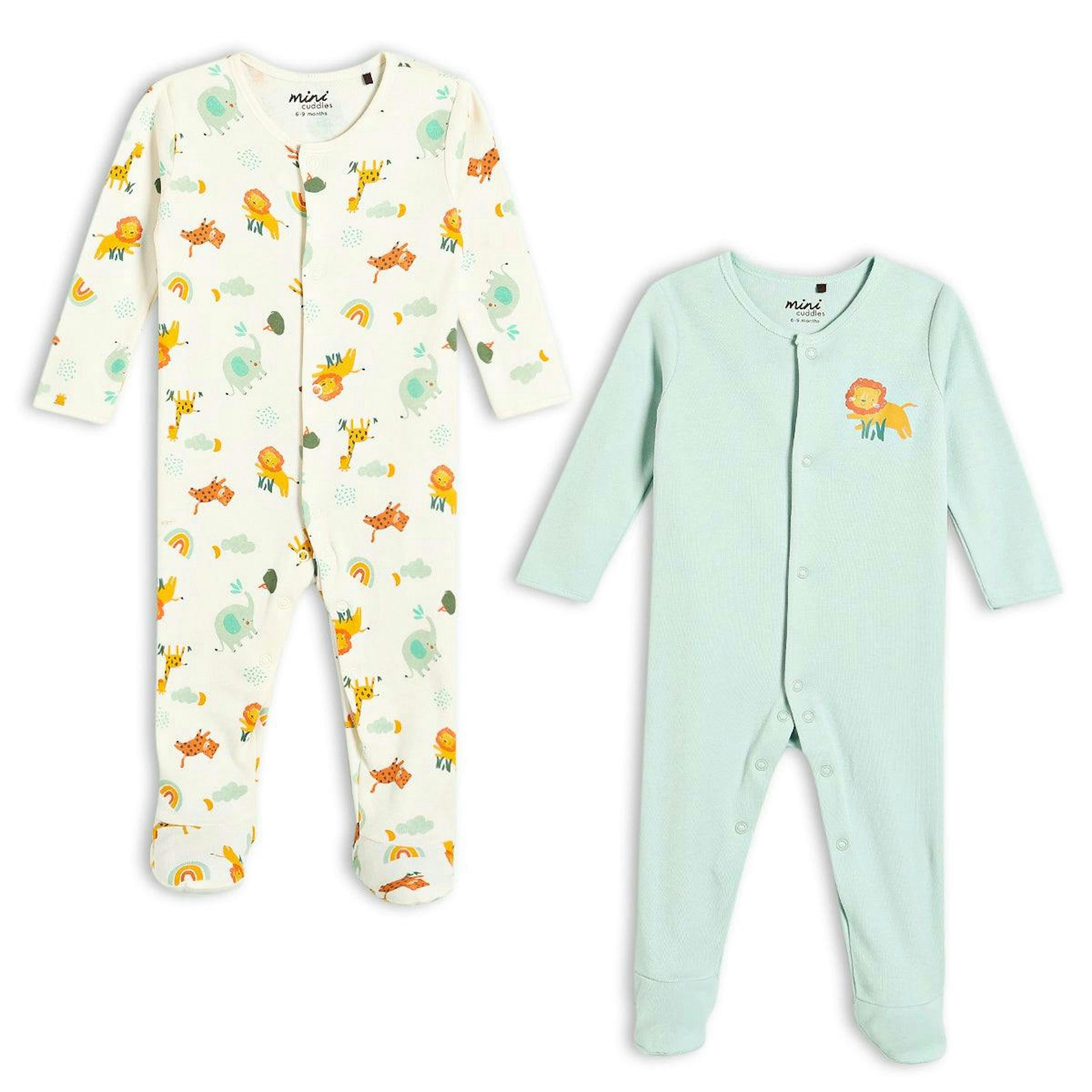 Baby Unisex 2pk Animal Printed Sleepsuits, Multicolour , view 1 of 6
