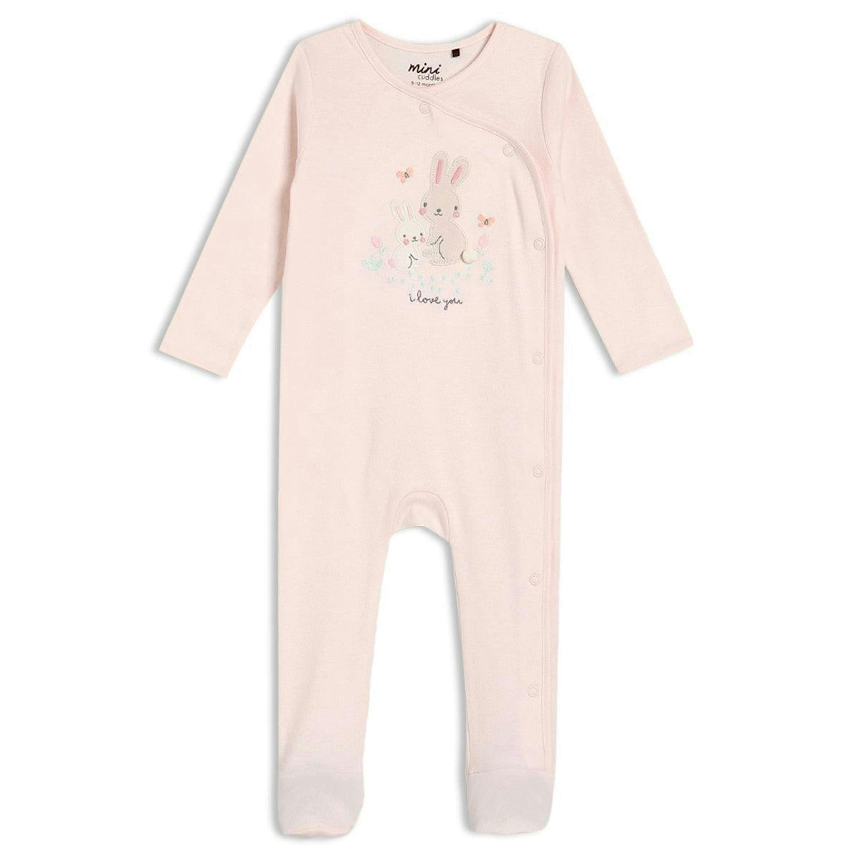Baby Girls Rabbit Embroidered Sleepsuit, Pink , view 1 of 5