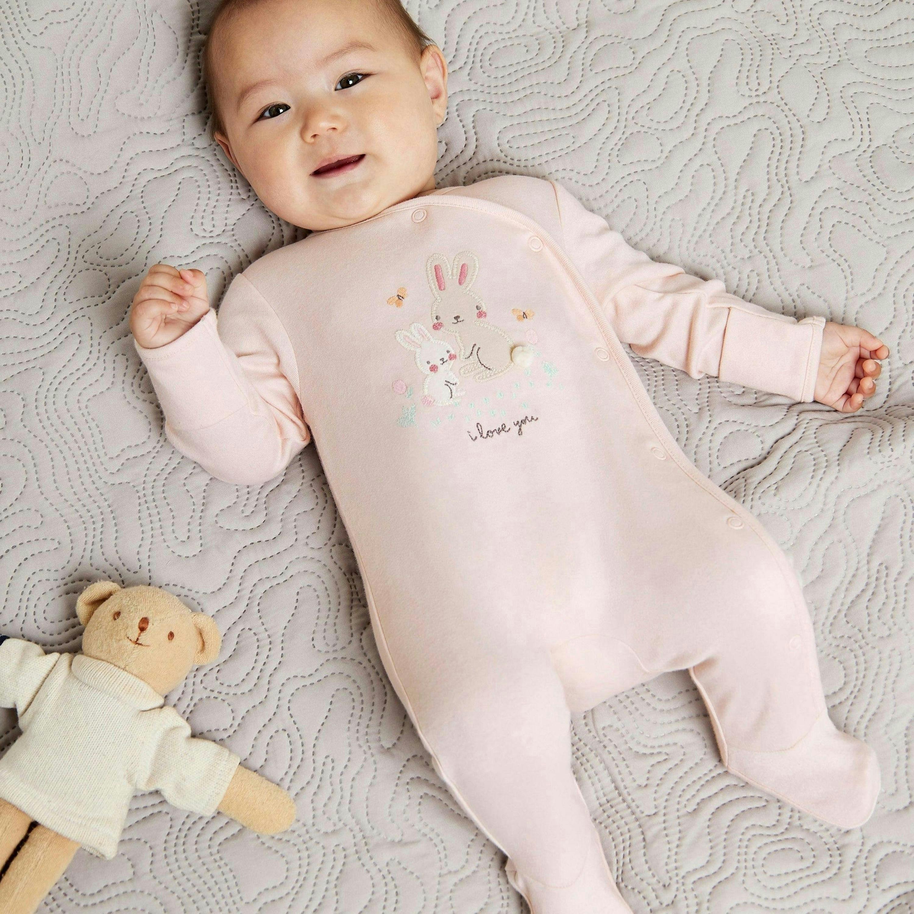 Baby Girls Rabbit Embroidered Sleepsuits, Pink , view 2 of 5