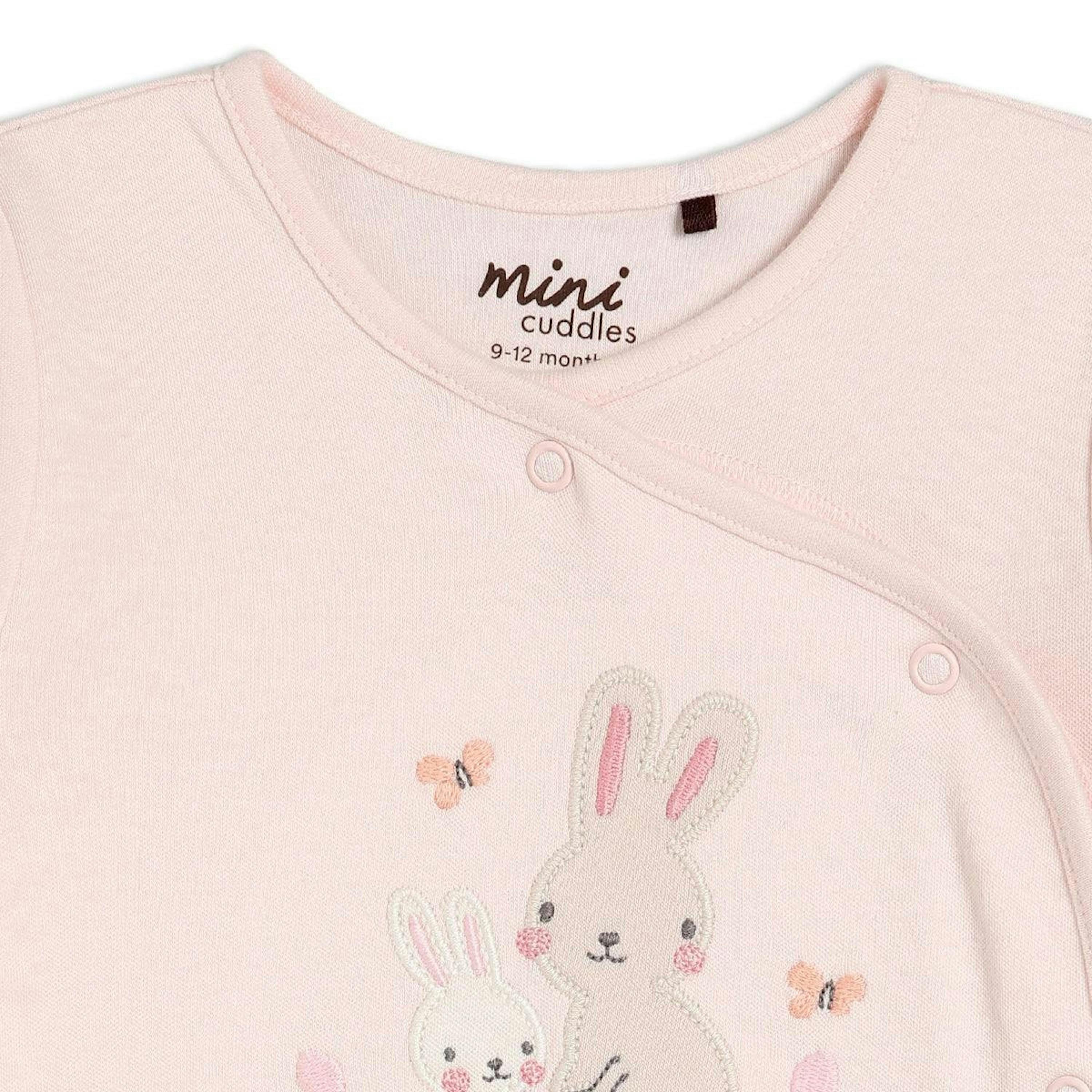 Baby Girls Rabbit Embroidered Sleepsuits, Pink , view 4 of 5