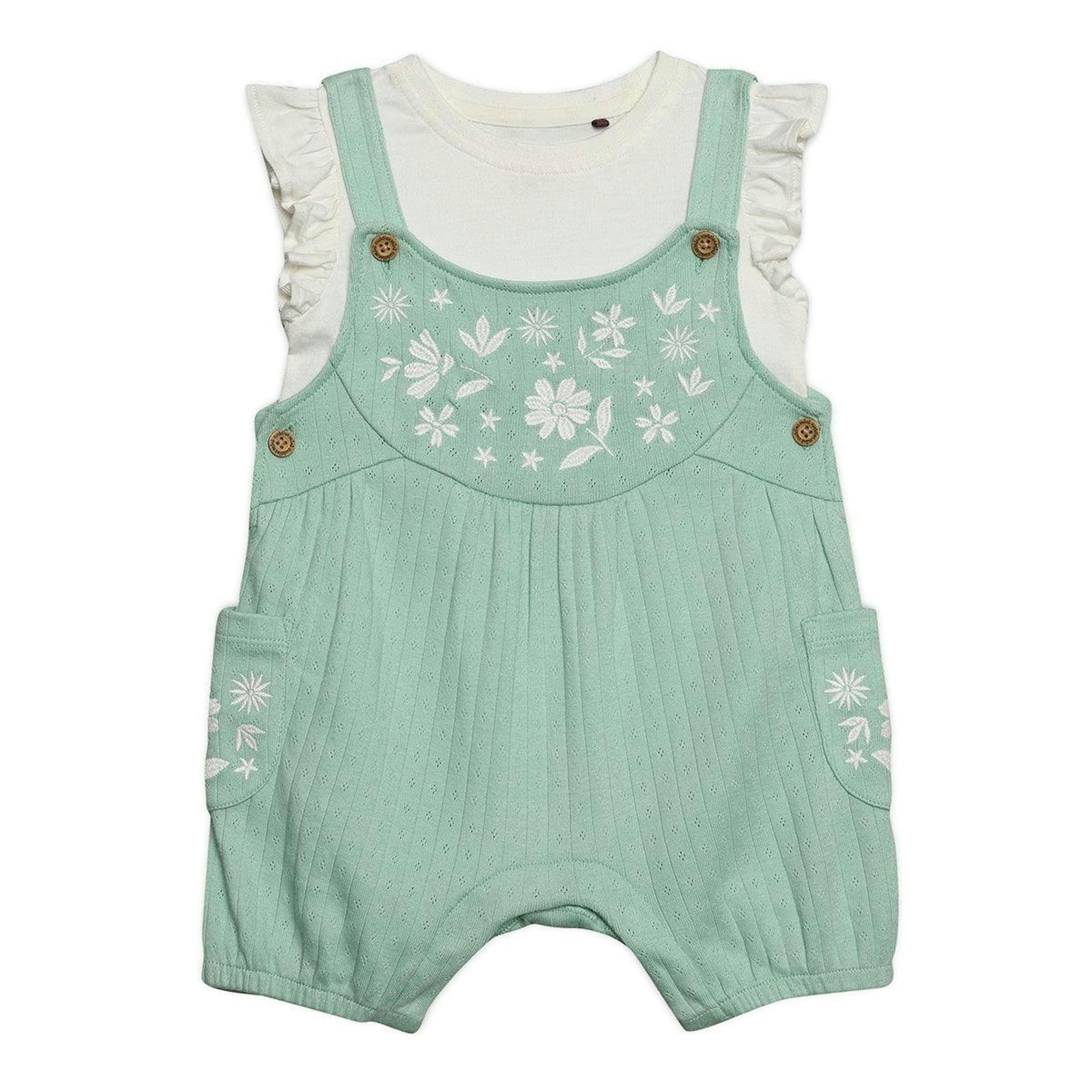 Baby Girls Floral Embroidered Dungaree Set, Mint Green , view 1 of 6