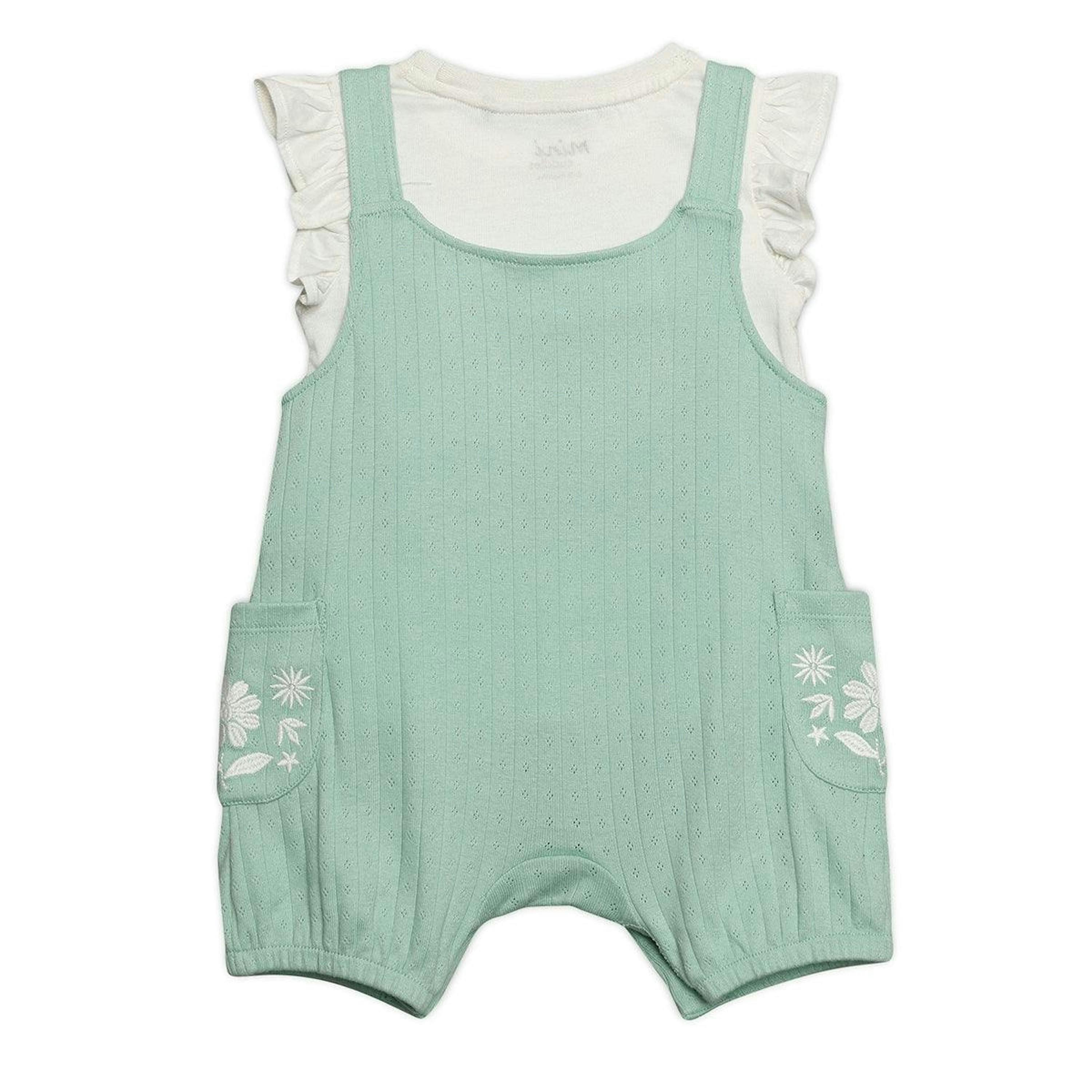 Baby Girls Floral Embroidered Dungaree Set, Mint Green , view 2 of 6