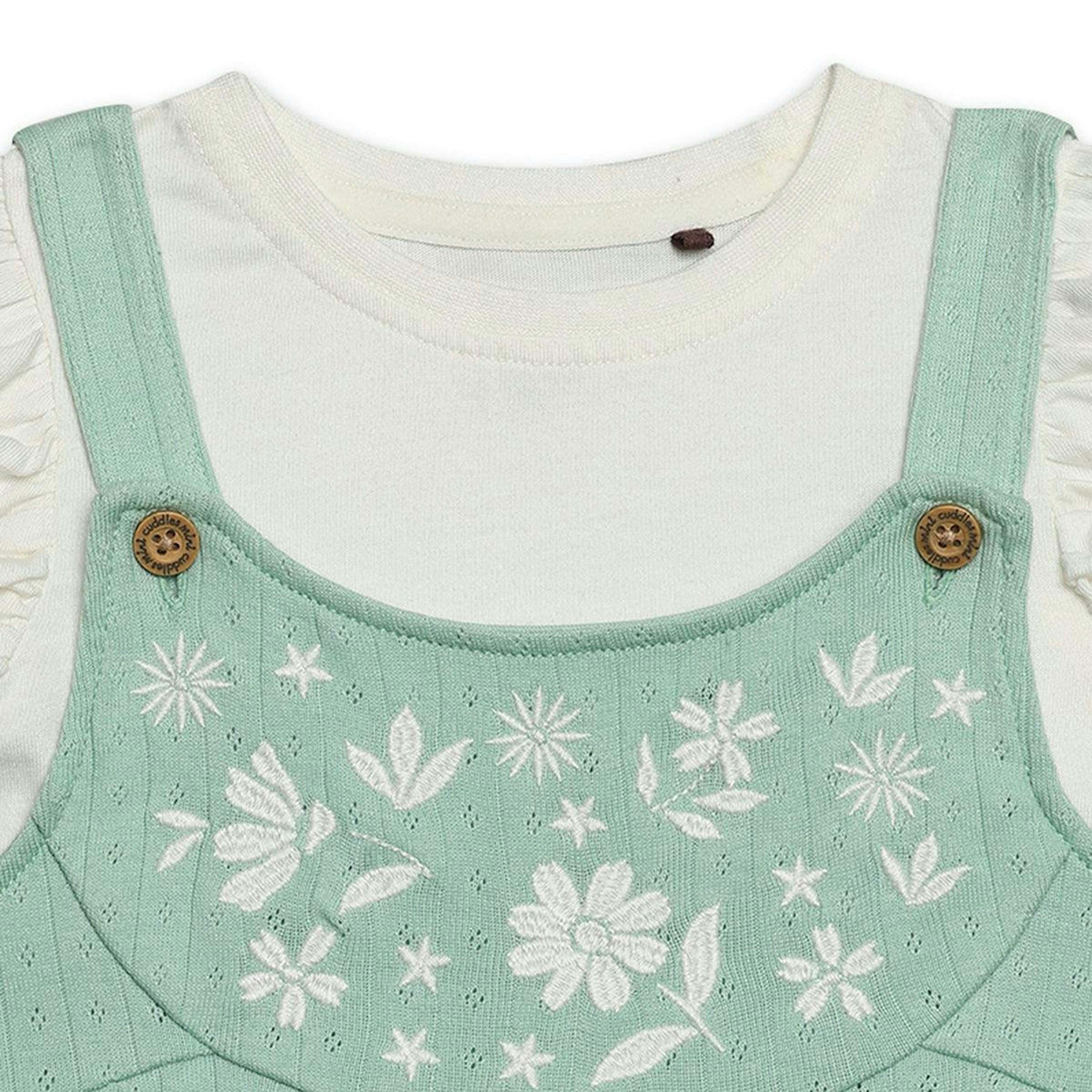 Baby Girls Floral Embroidered Dungaree Set, Mint Green , view 3 of 6
