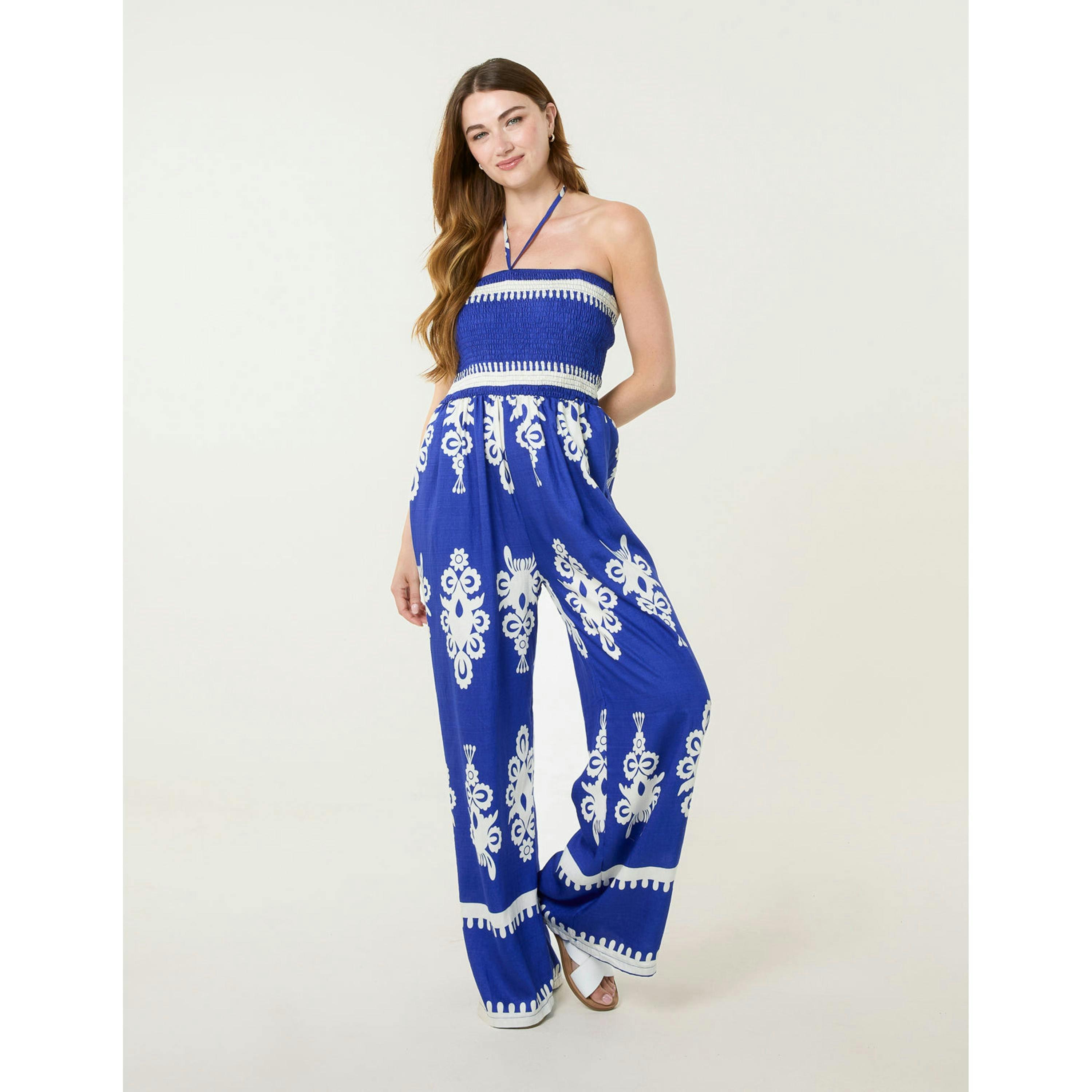 Blue Vanilla Halter Neck Shirred Waist Jumpsuit   in  Blue , view 1 of 4