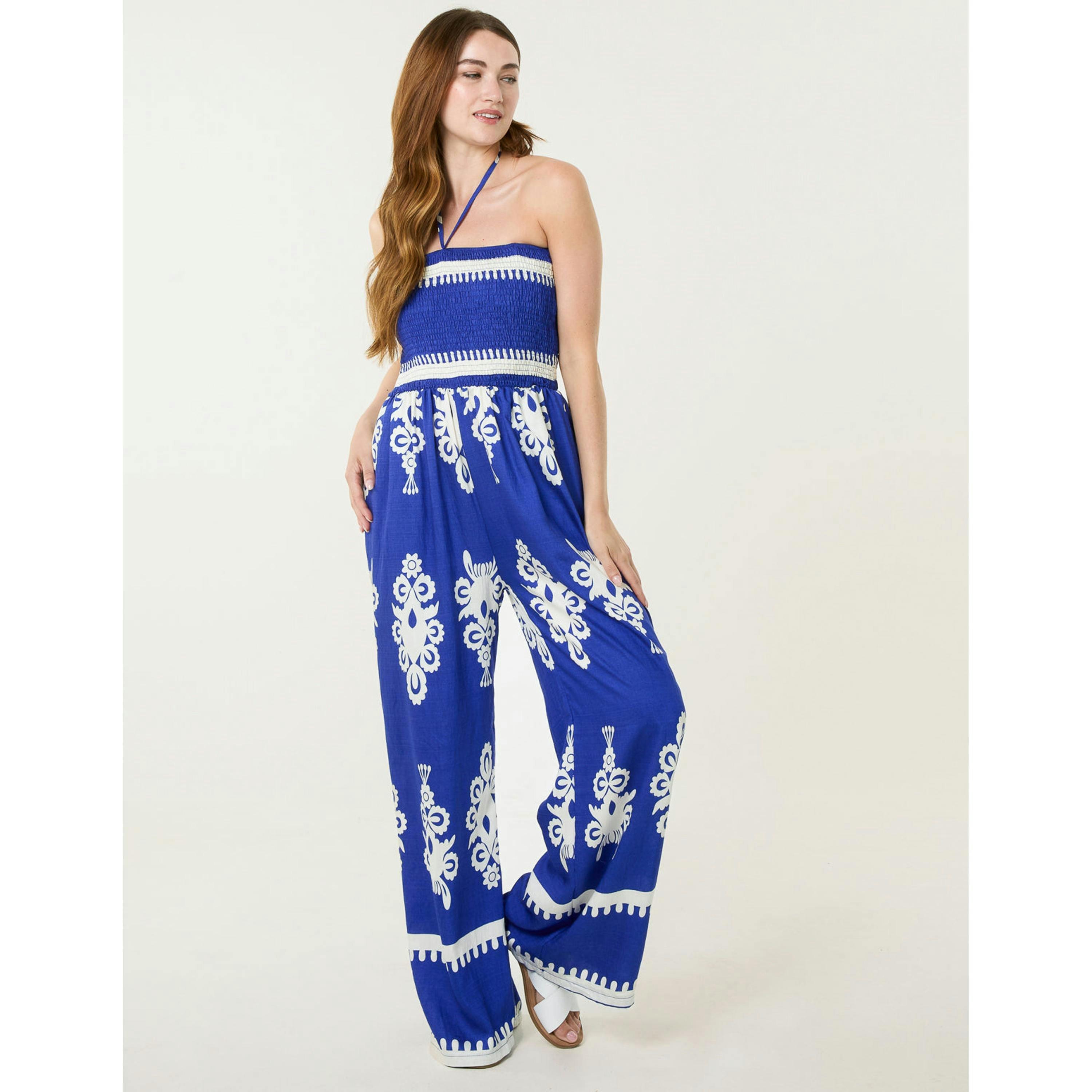 Blue Vanilla Halter Neck Shirred Waist Jumpsuit  in Blue , view 3 of 4
