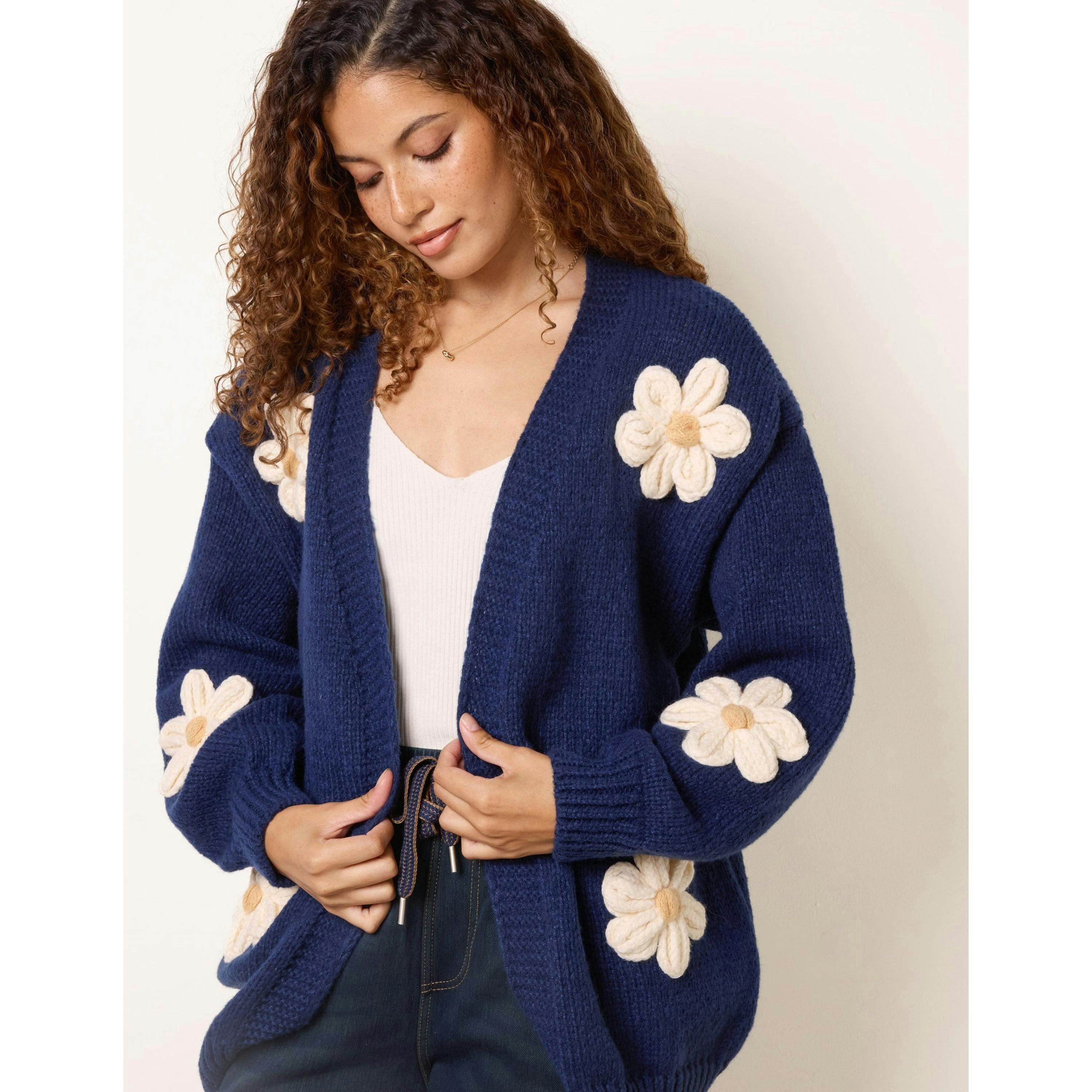 Blue Vanilla Daisy Large Flower Cardigan  in Navy , view 3 of 4