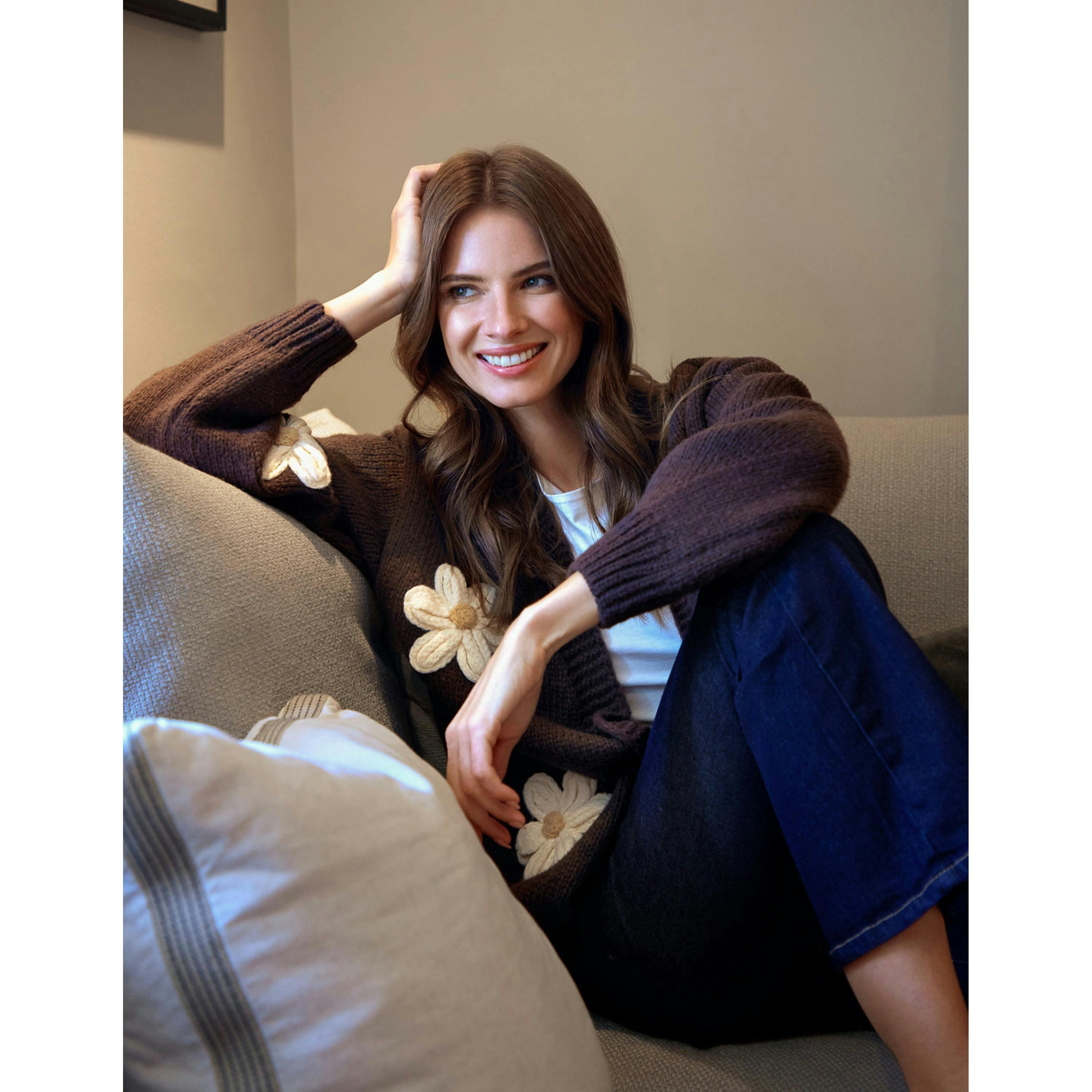 Blue Vanilla Daisy Large Flower Cardigan  in Brown , view 3 of 6