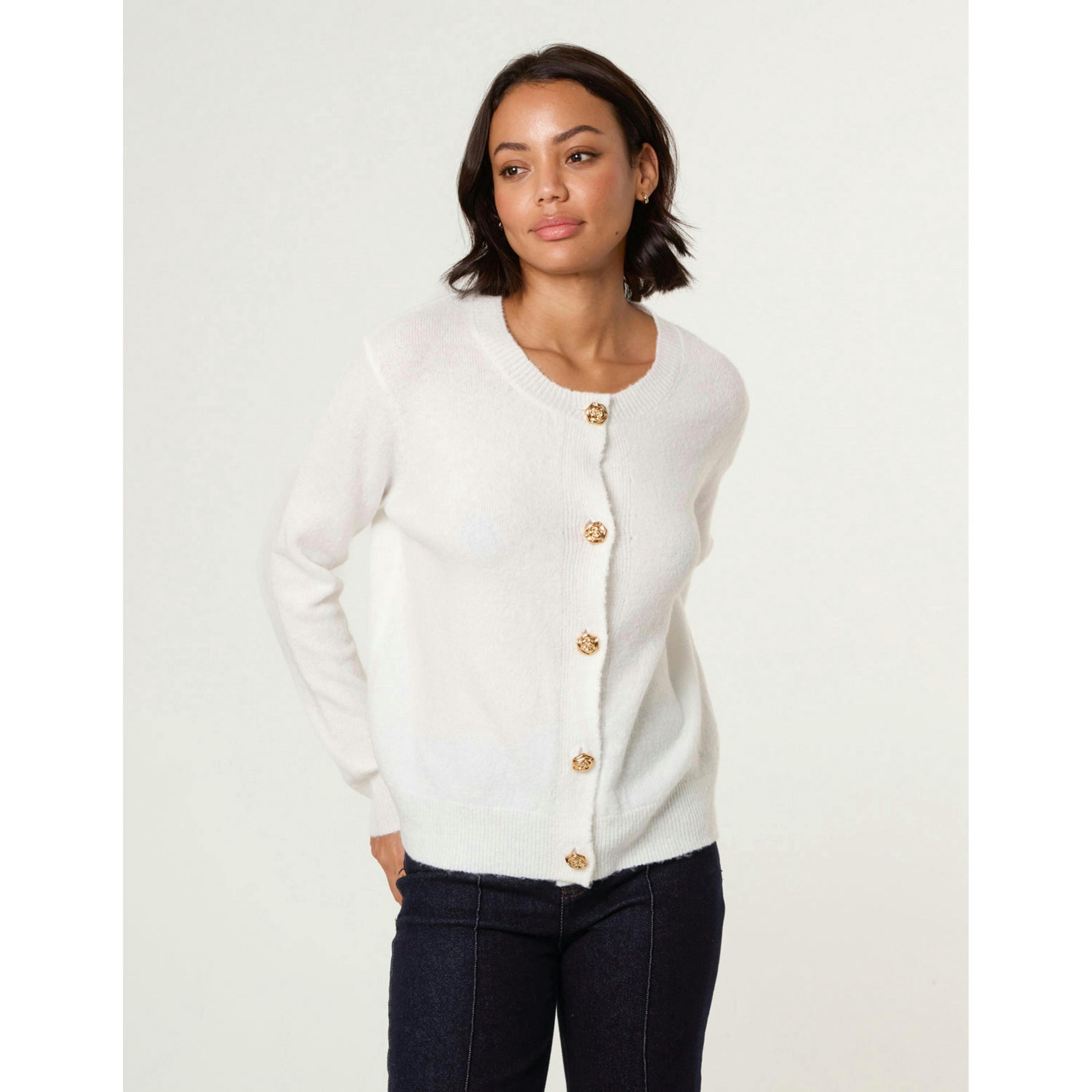 Blue Vanilla Gold Flower Buttons Cardigan   in  Ivory , view 1 of 4