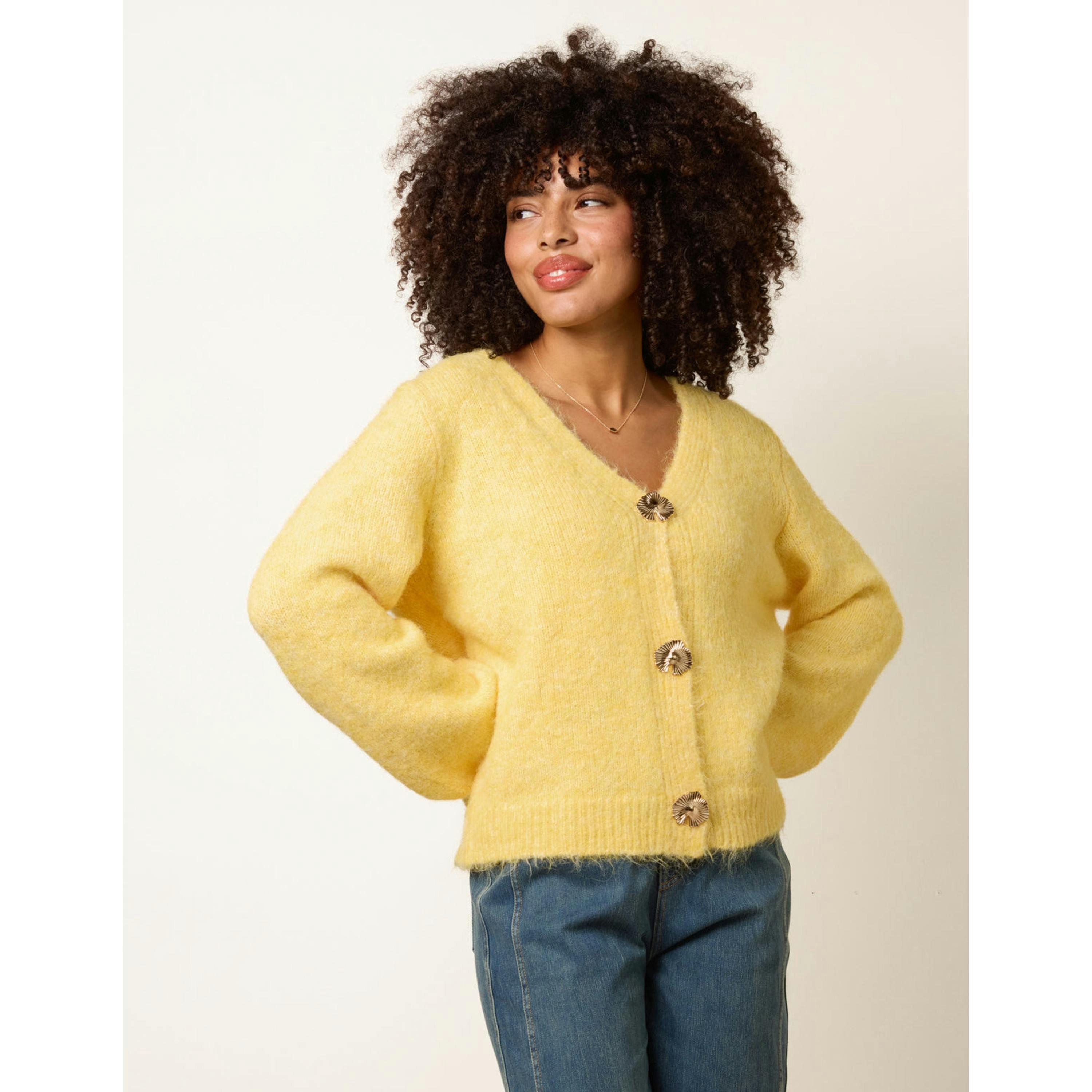 Blue Vanilla Gold Tone Flower Embossed Button Cardigan  in Yellow , view 1 of 4