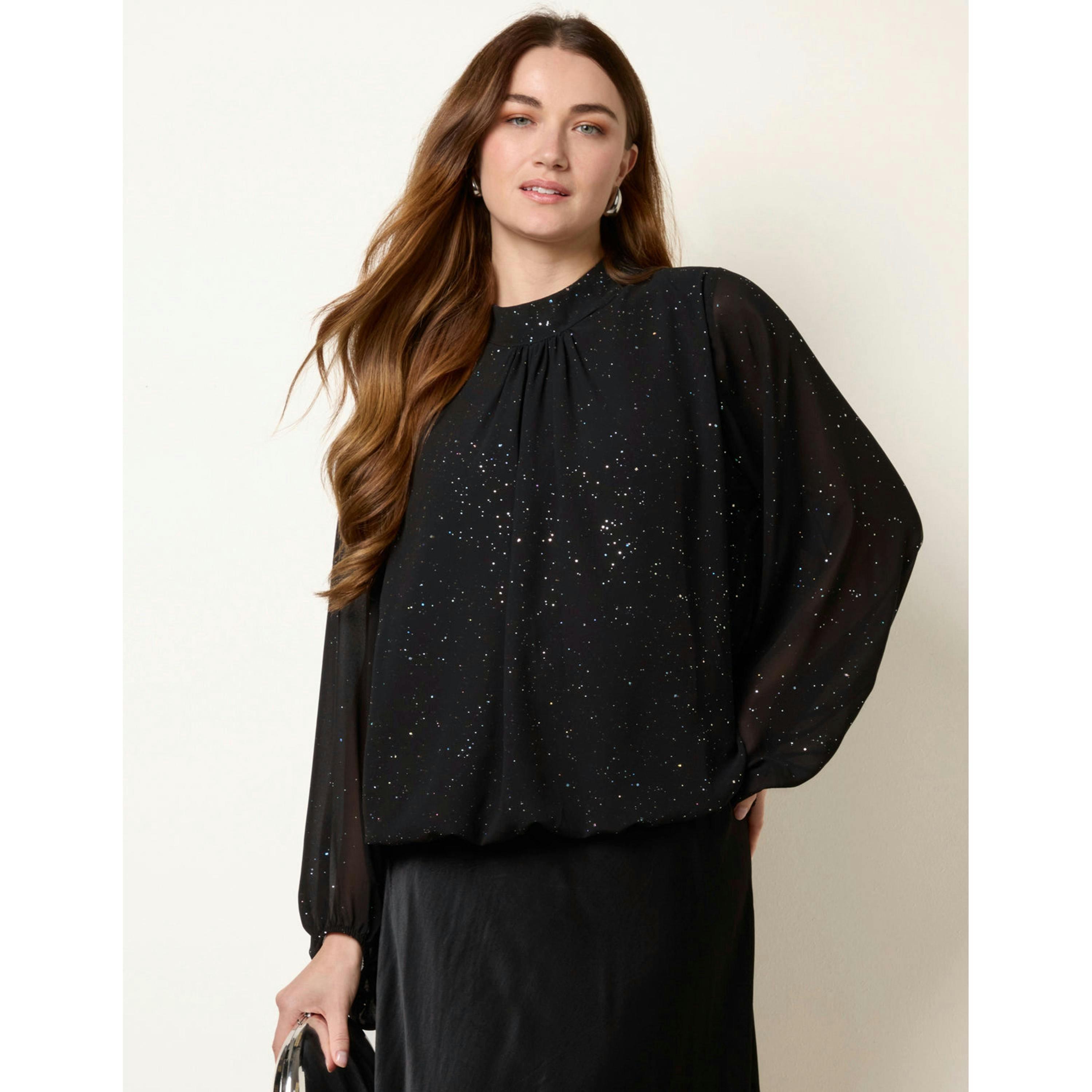 Blue Vanilla Metallic Sparkle Chiffon High Neck Puffball Top   in  Black , view 1 of 4