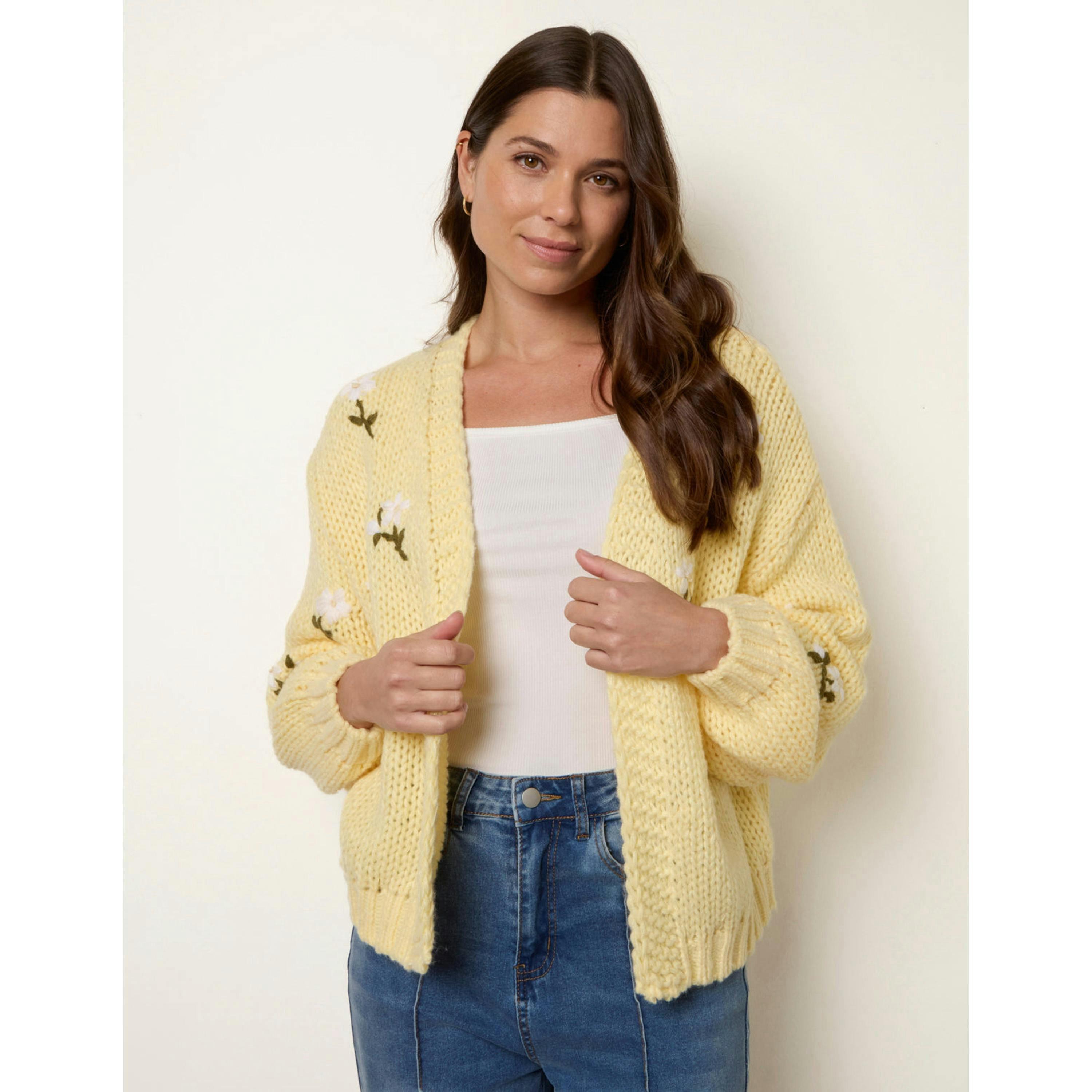 Blue Vanilla Flower Embroidery Detailed Cardigan   in  Yellow , view 1 of 4