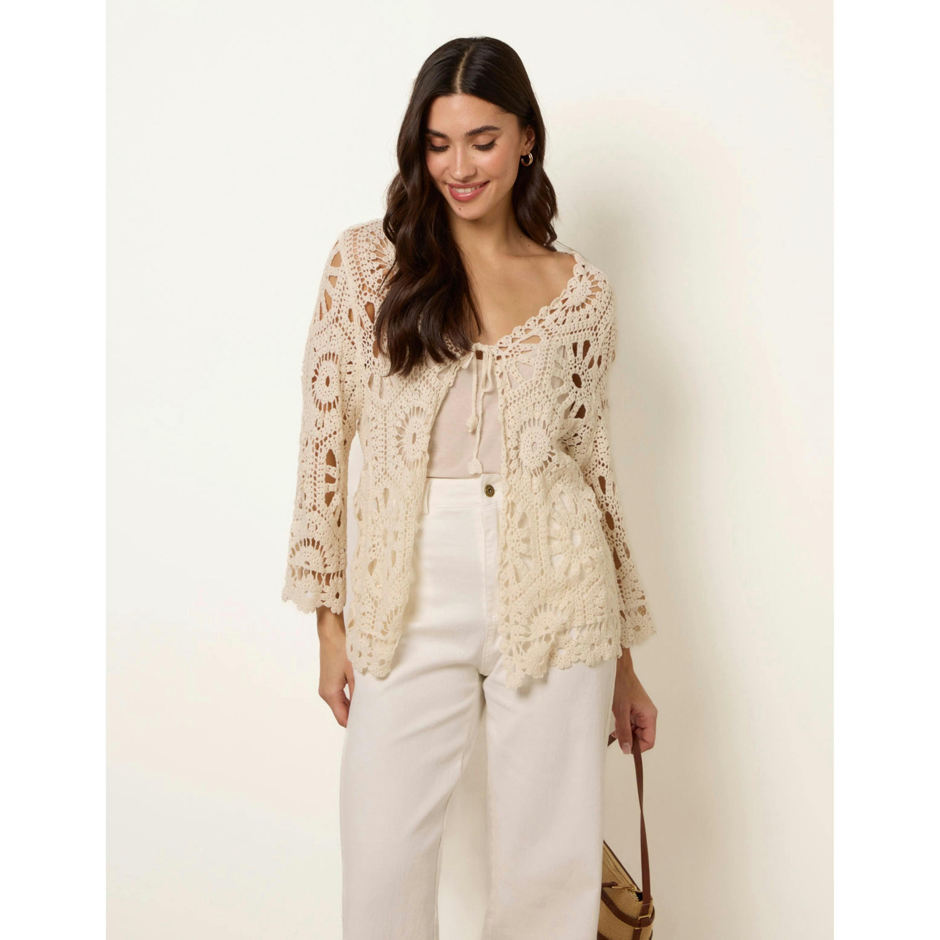 Blue Vanilla Long-Sleeved Crochet Cardigan   in  Stone , view 1 of 6