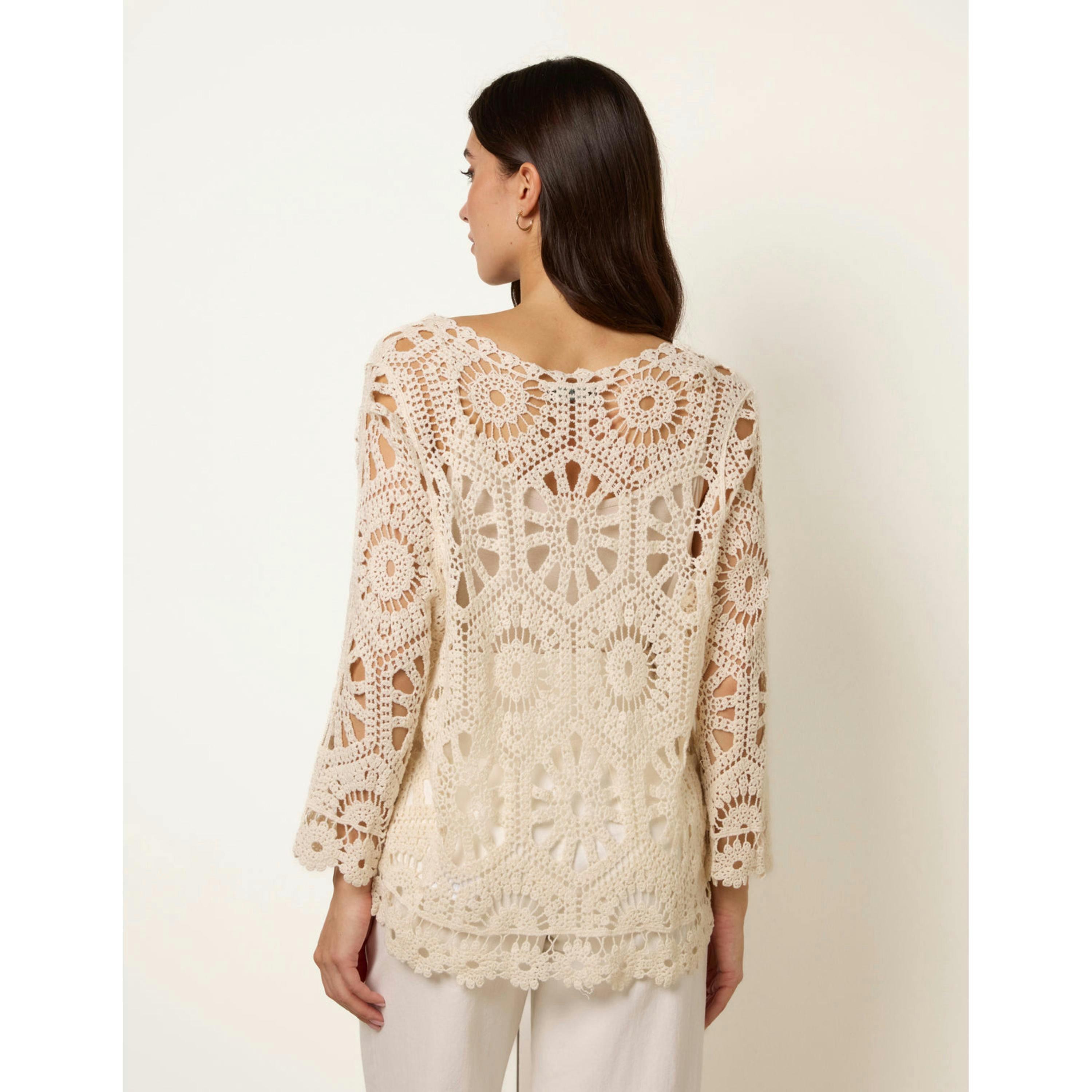 Blue Vanilla Long-Sleeved Crochet Cardigan  in Stone , view 2 of 6