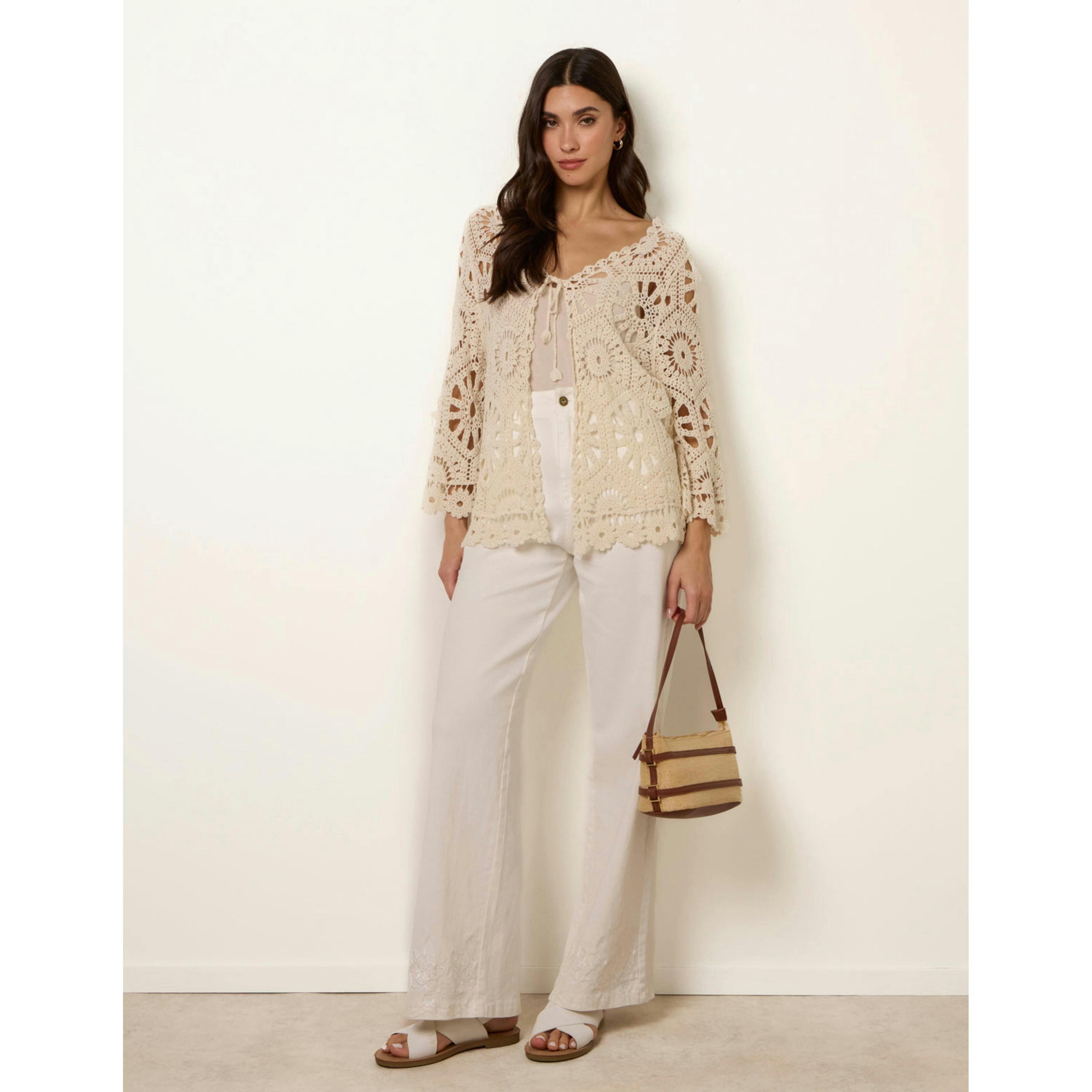 Blue Vanilla Long-Sleeved Crochet Cardigan  in Stone , view 3 of 6