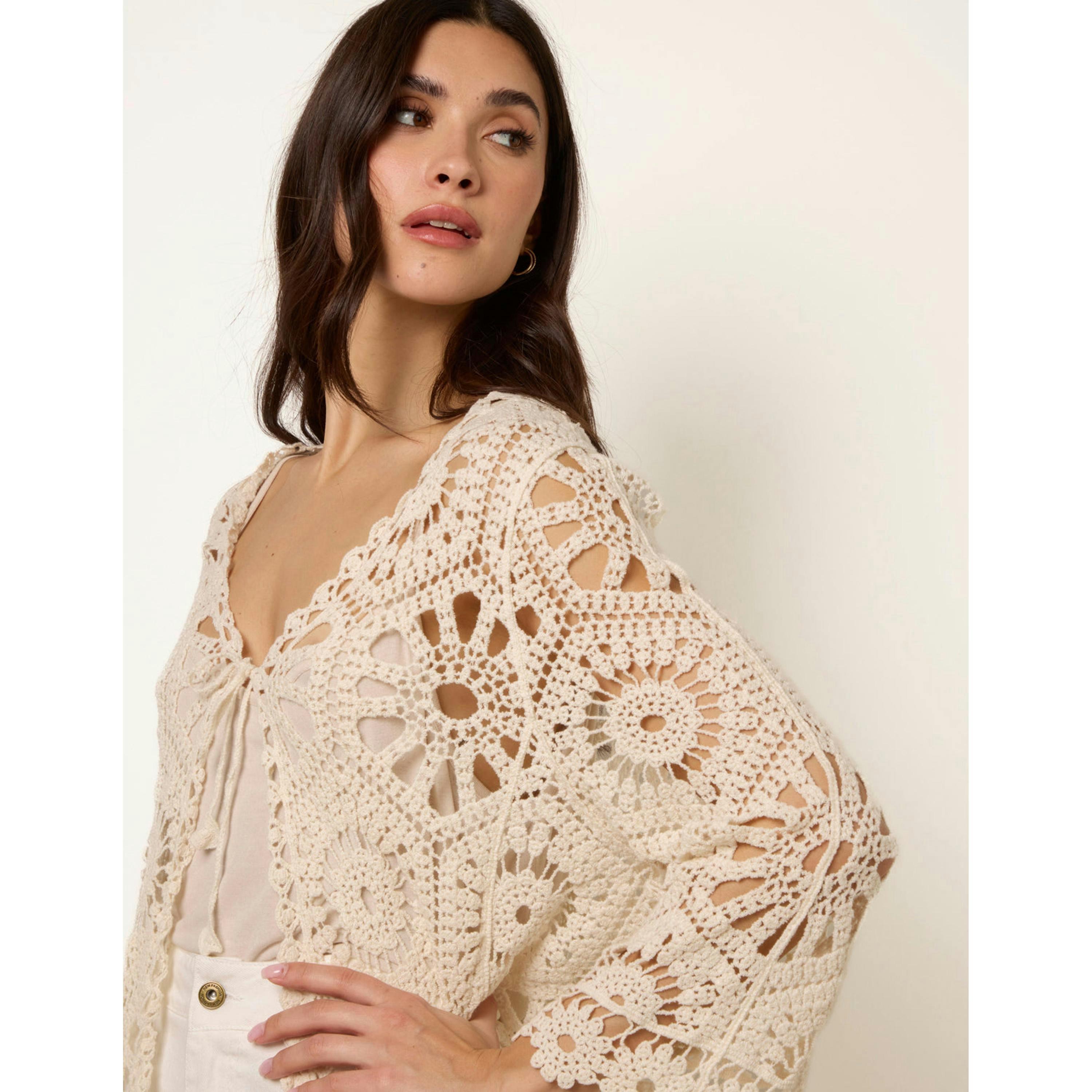 Blue Vanilla Long-Sleeved Crochet Cardigan  in Stone , view 4 of 6