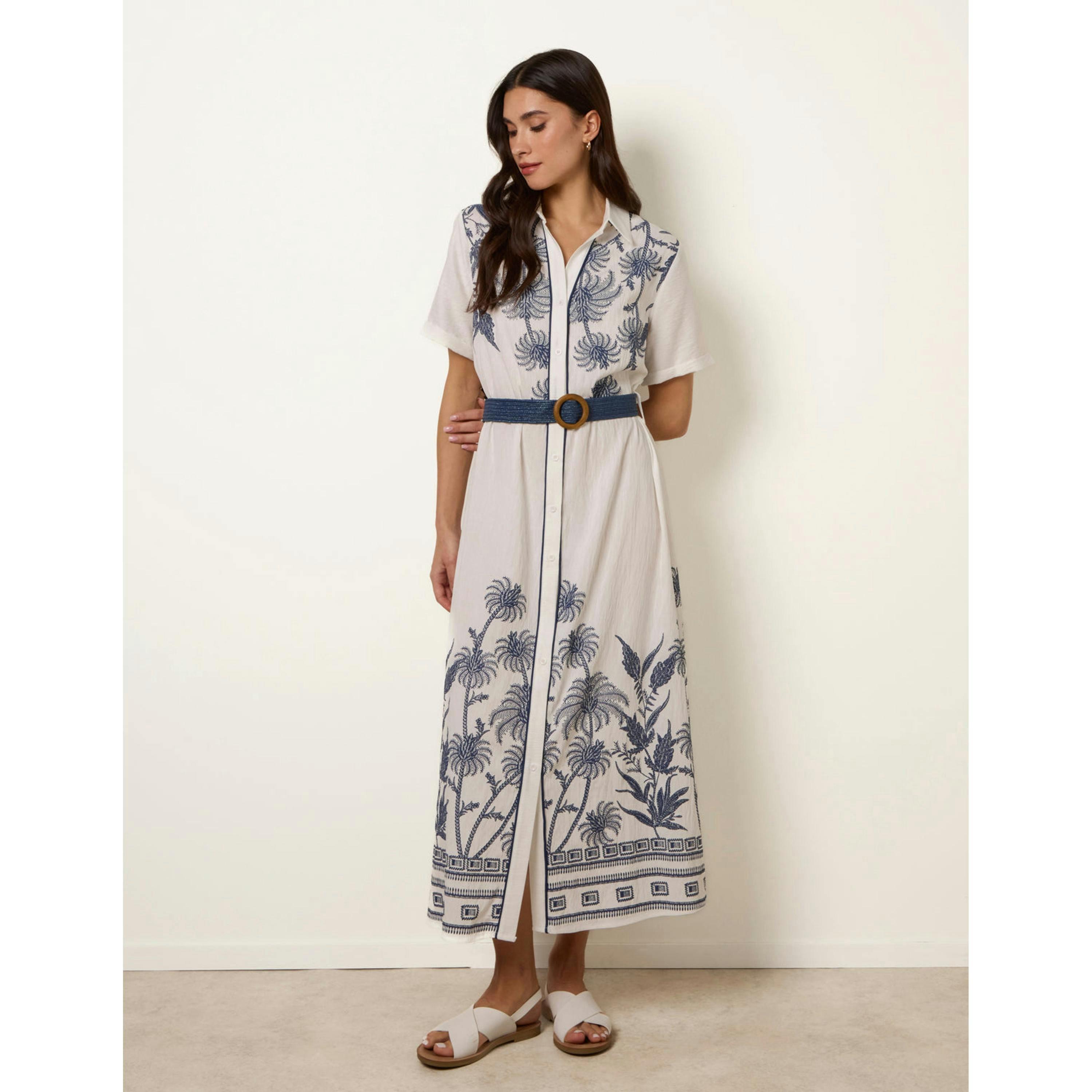 Blue Vanilla Tropical Palm Embroidery Dress  in White , view 3 of 4