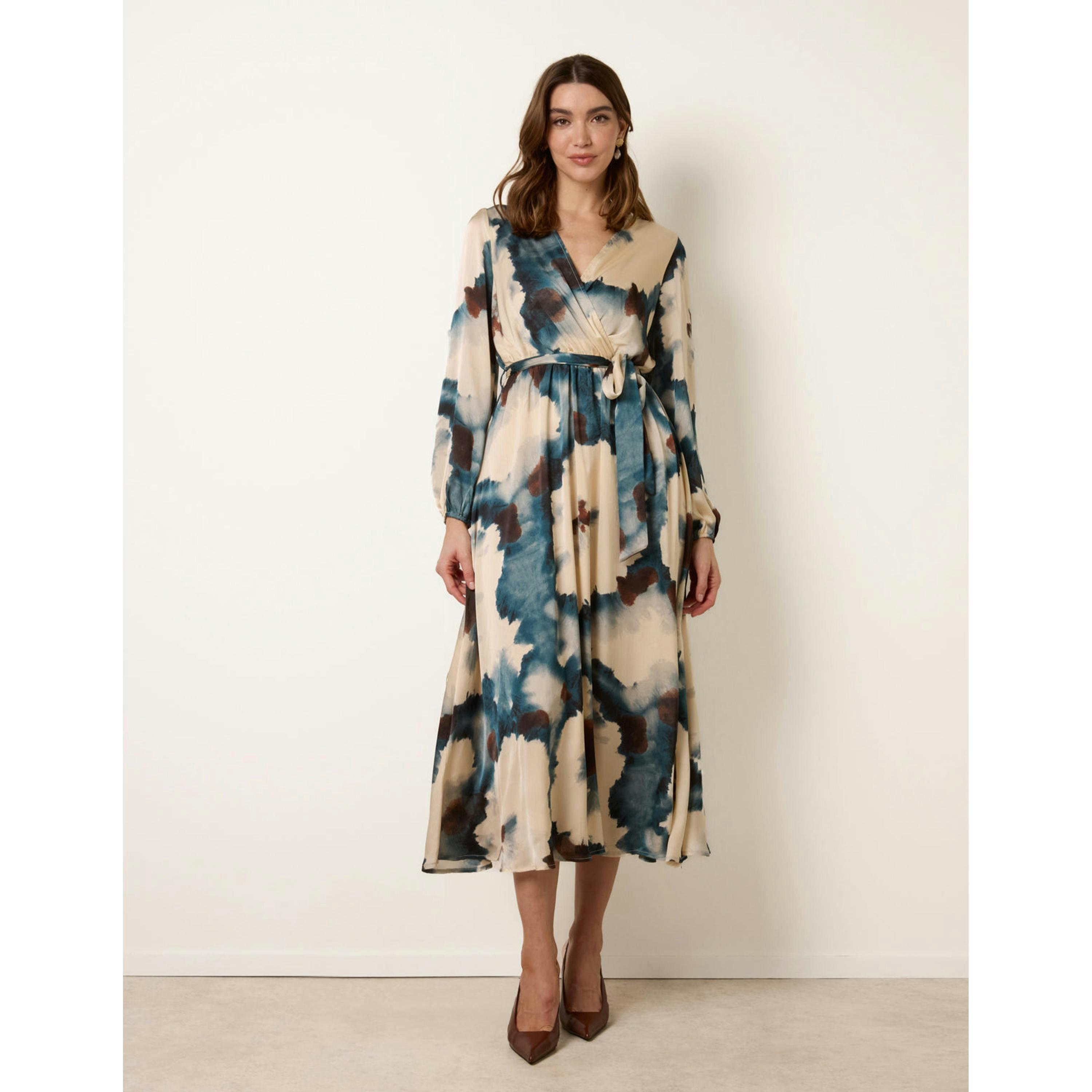 Blue Vanilla Watercolour Wrap Dress With Tie Belt   in  Blue , view 1 of 4