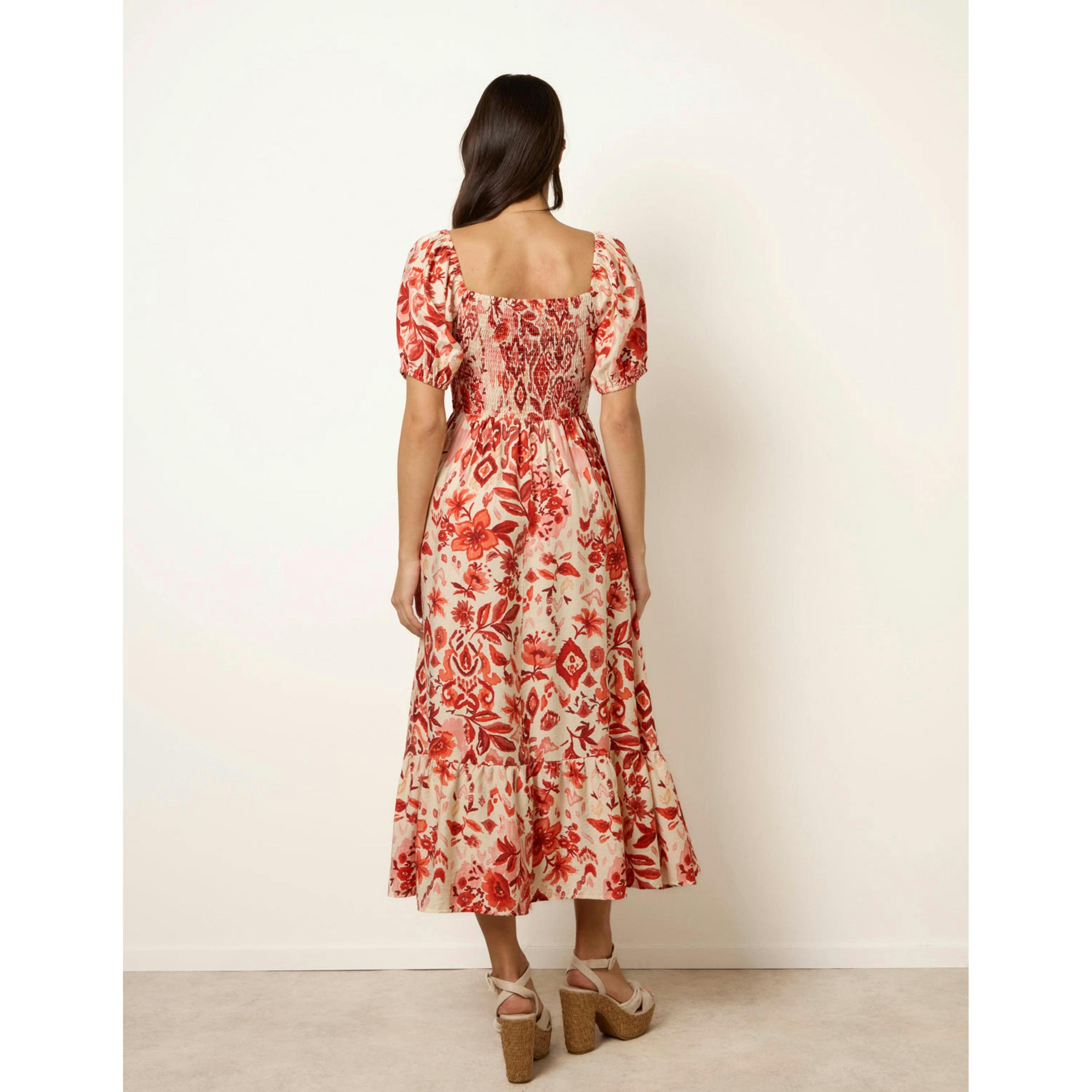 Blue Vanilla Watercolour Floral Shirred Puff Sleeve Midi Dress   in  Orange , view 1 of 4