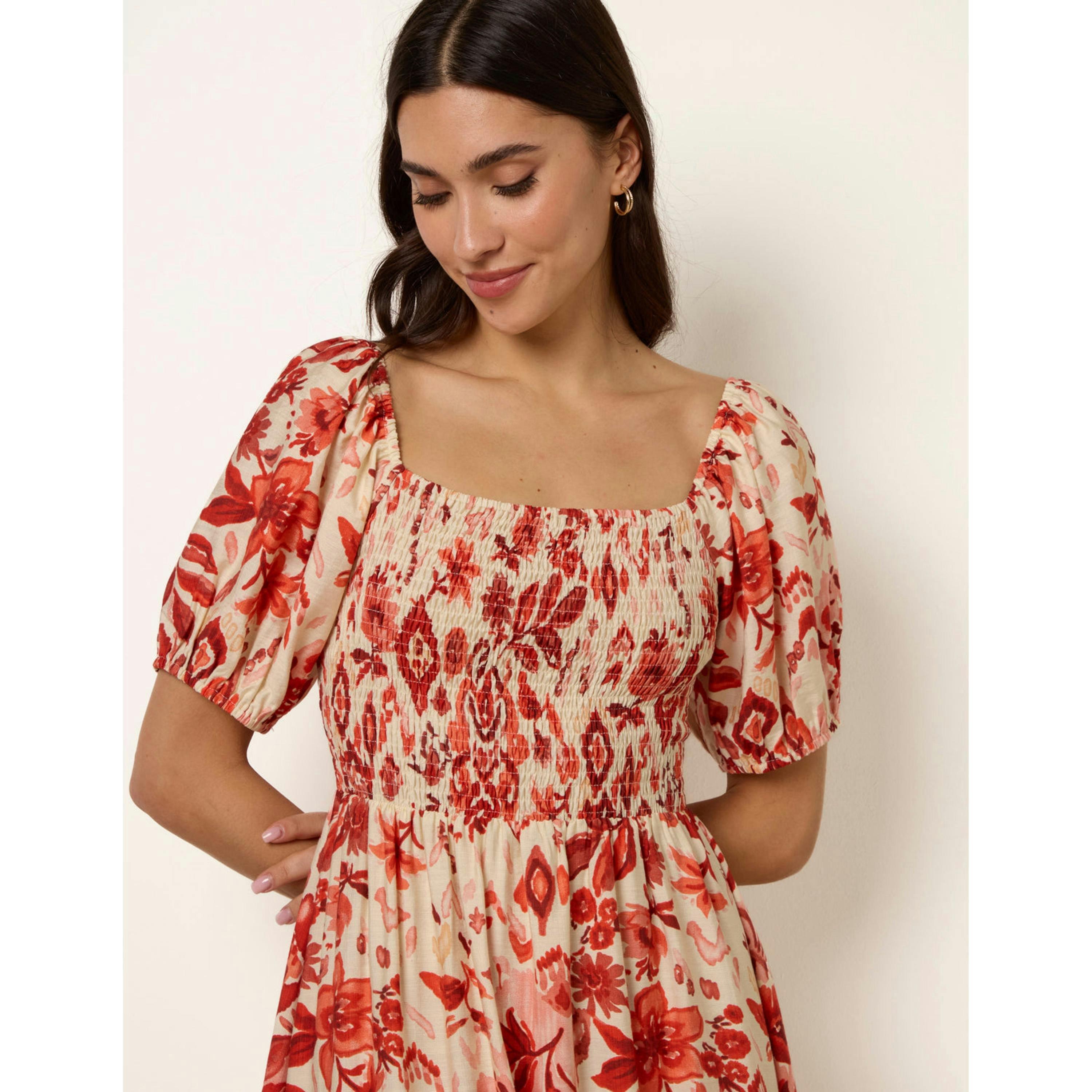 Blue Vanilla Watercolour Floral Shirred Puff Sleeve Midi Dress  in Orange , view 3 of 4