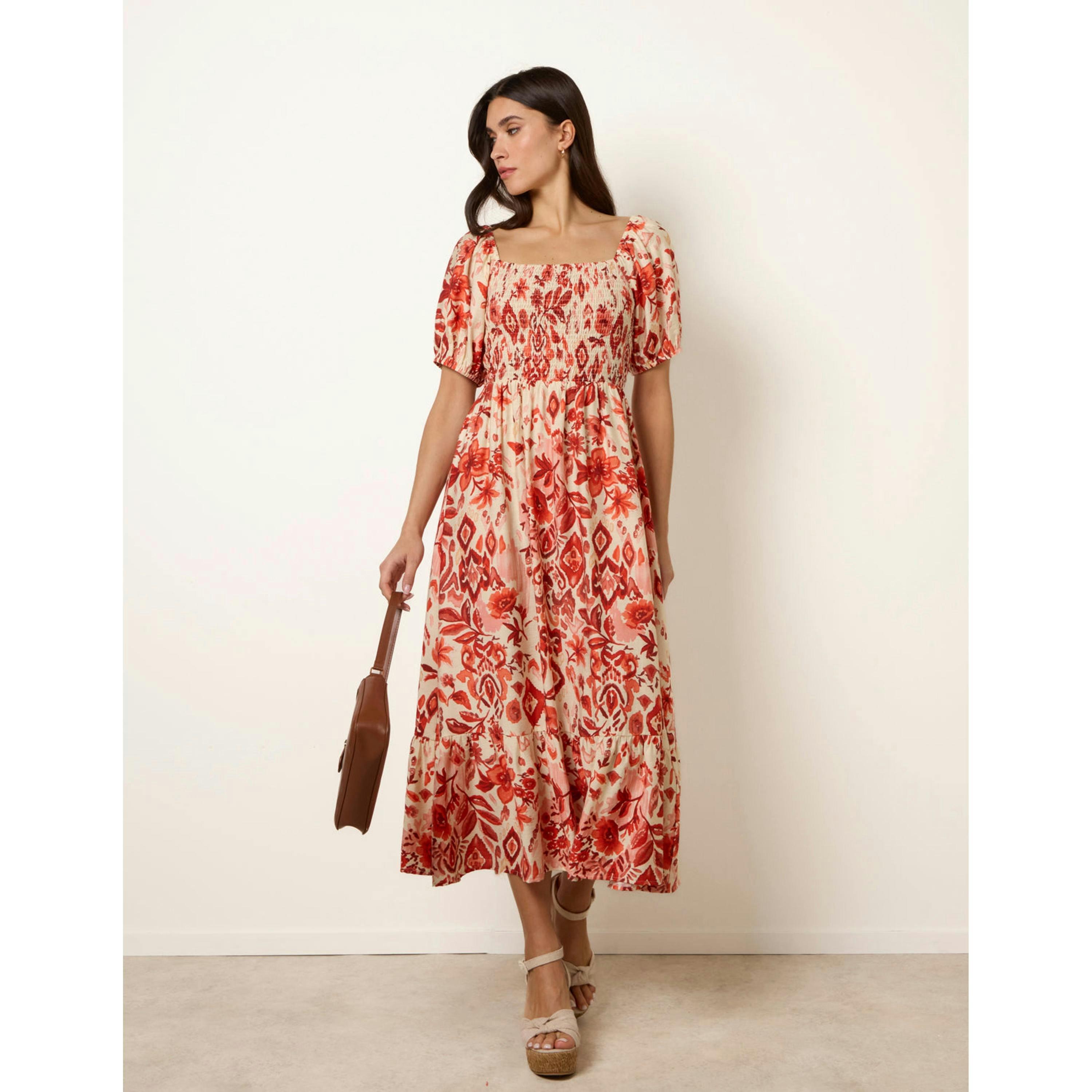 Blue Vanilla Watercolour Floral Shirred Puff Sleeve Midi Dress  in Orange , view 4 of 4