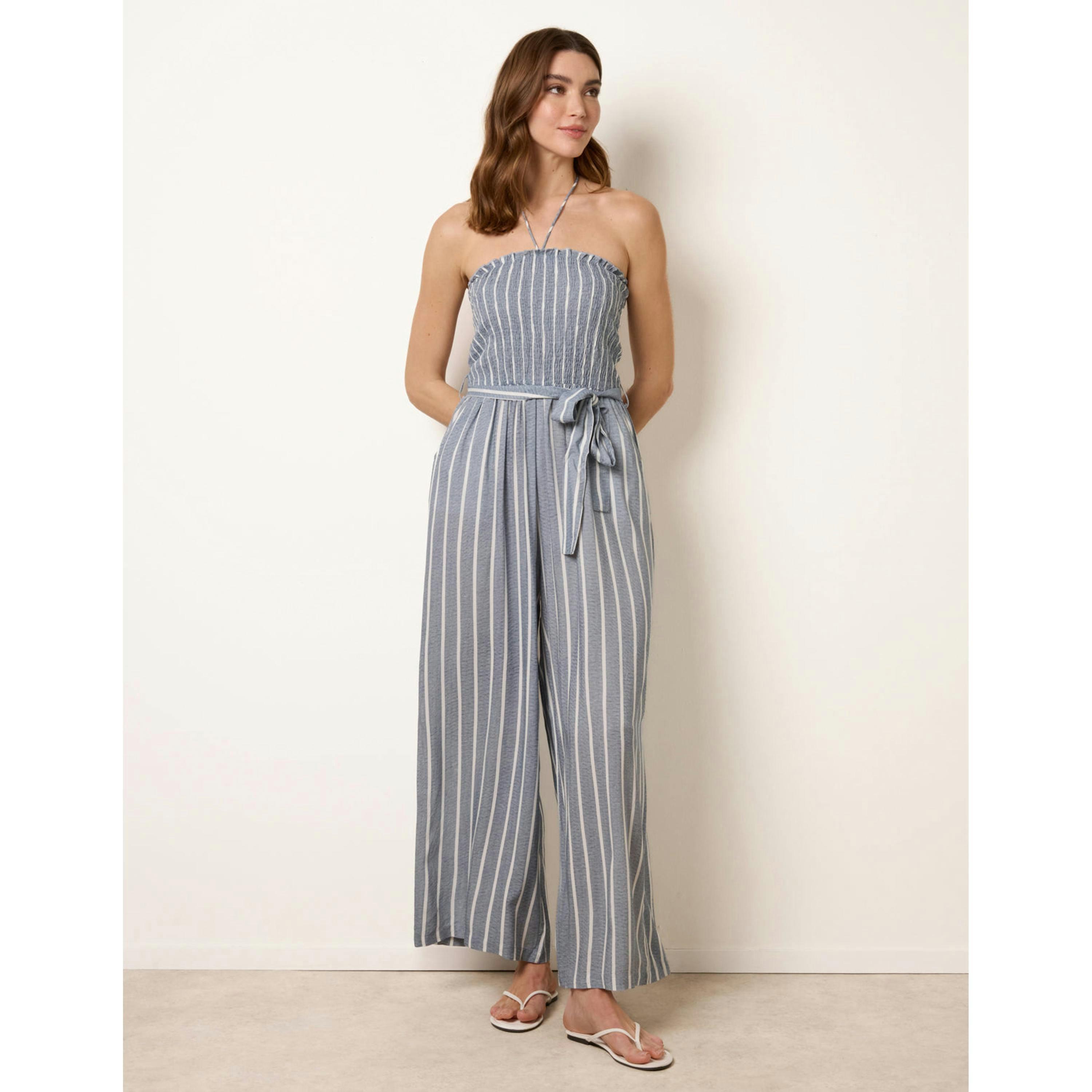 Blue Vanilla Bardot Tie Neck Pinstripe Jumpsuit   in  Blue , view 1 of 4