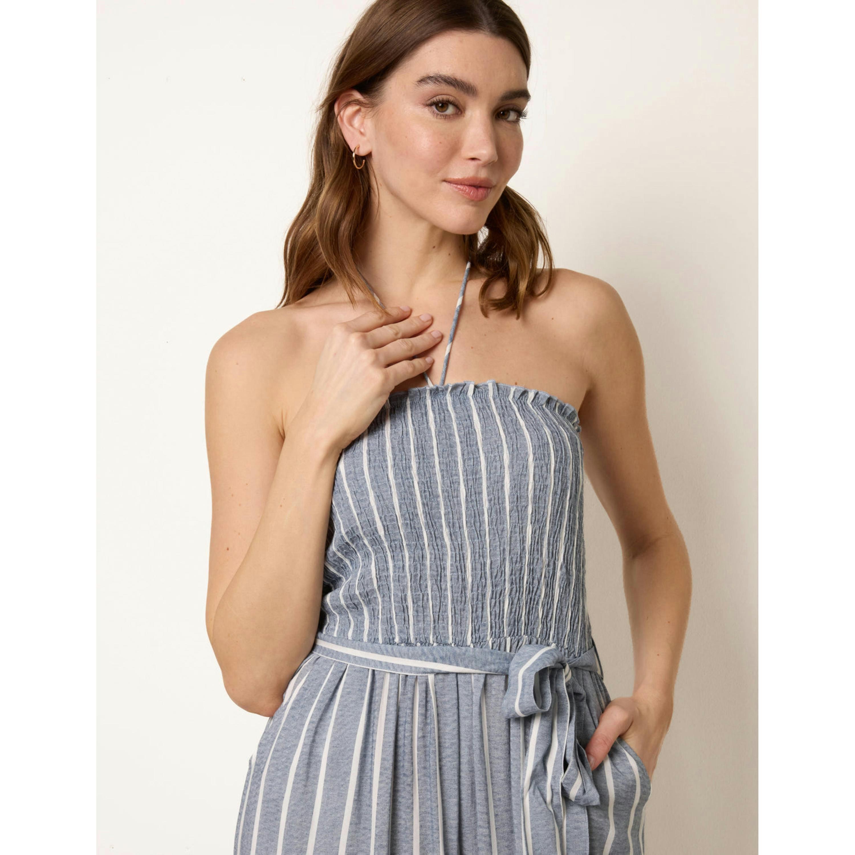 Blue Vanilla Bardot Tie Neck Pinstripe Jumpsuit  in Blue , view 3 of 4