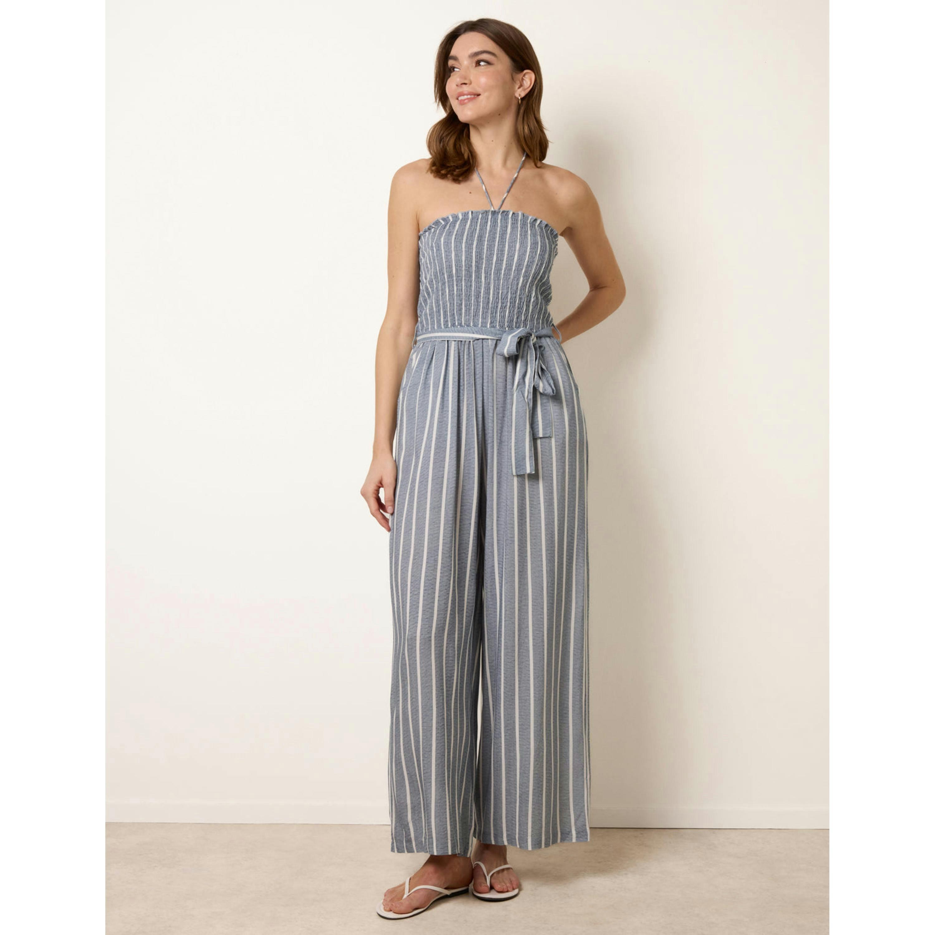 Blue Vanilla Bardot Tie Neck Pinstripe Jumpsuit  in Blue , view 4 of 4