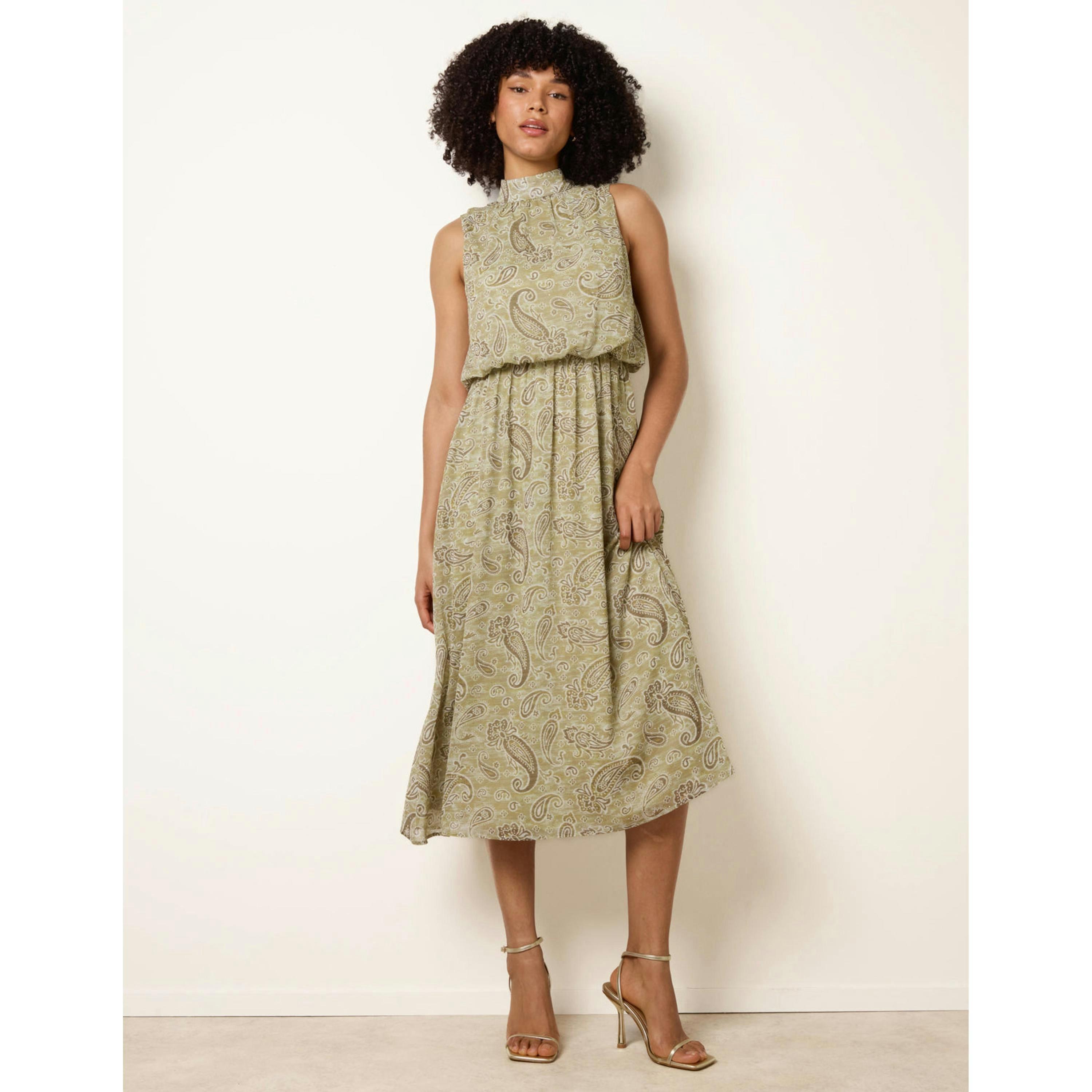 Blue Vanilla Paisley Print Rhinestone High Neck Midi Dress   in  Khaki , view 1 of 6