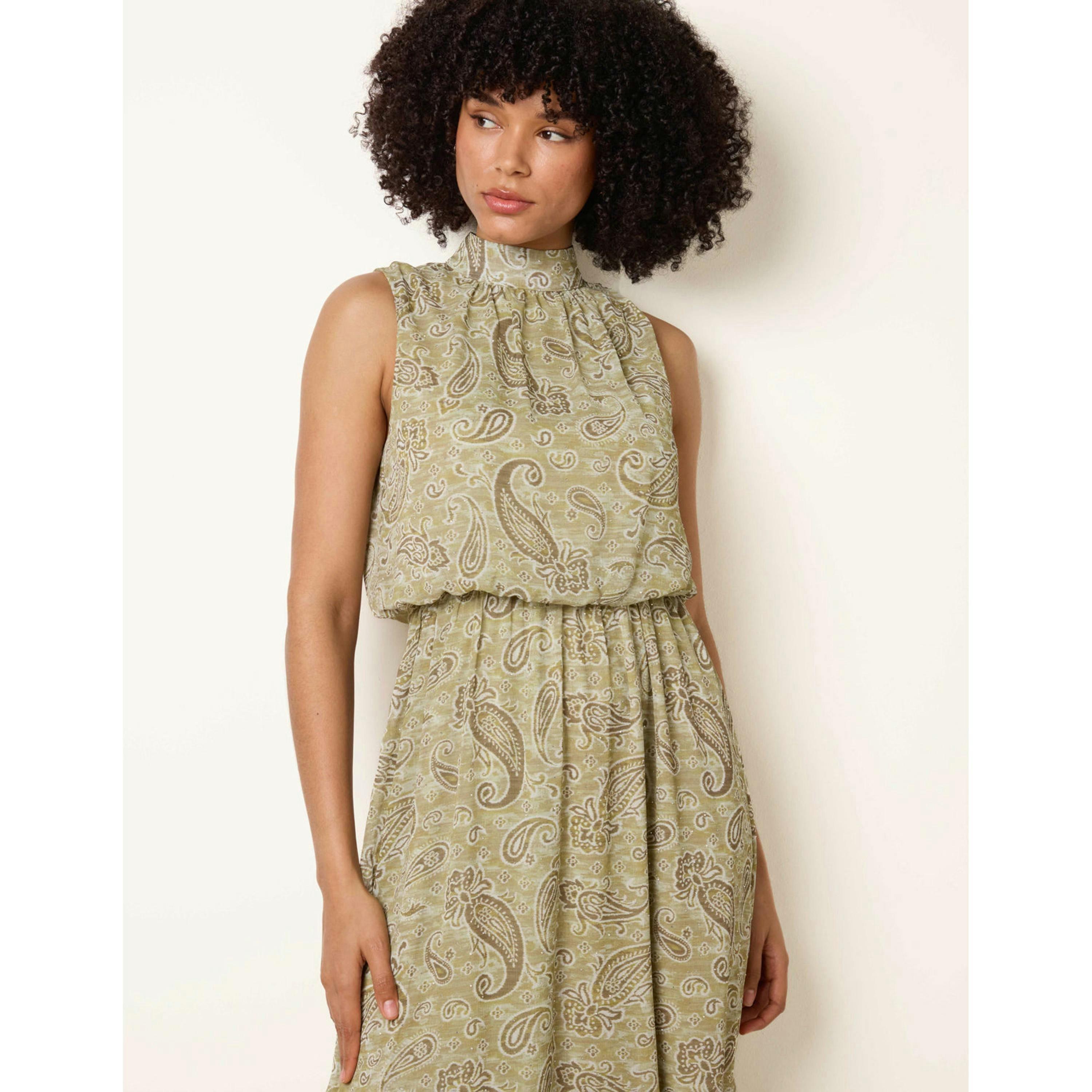 Blue Vanilla Paisley Print Rhinestone High Neck Midi Dress  in Khaki , view 3 of 6