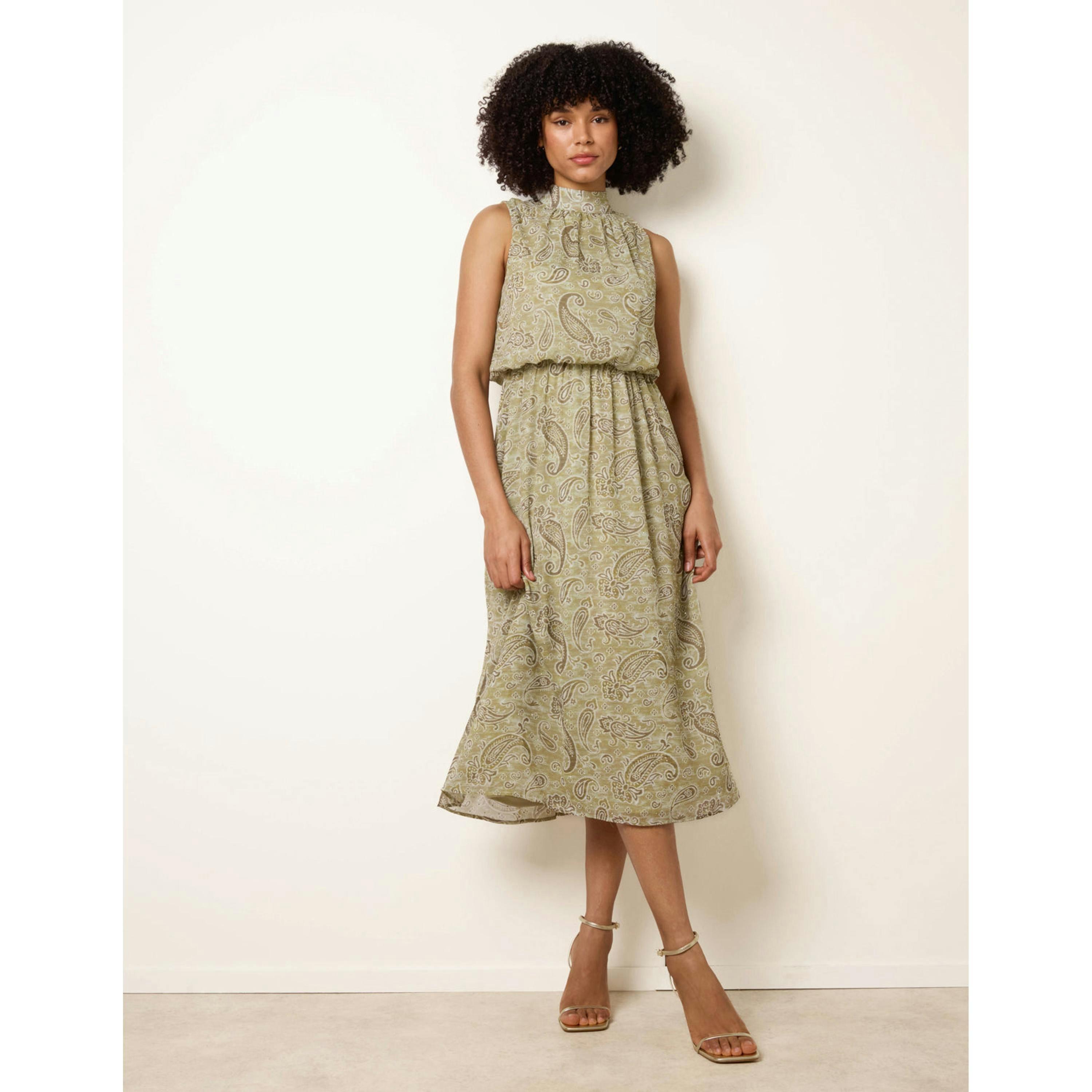 Blue Vanilla Paisley Print Rhinestone High Neck Midi Dress  in Khaki , view 4 of 6