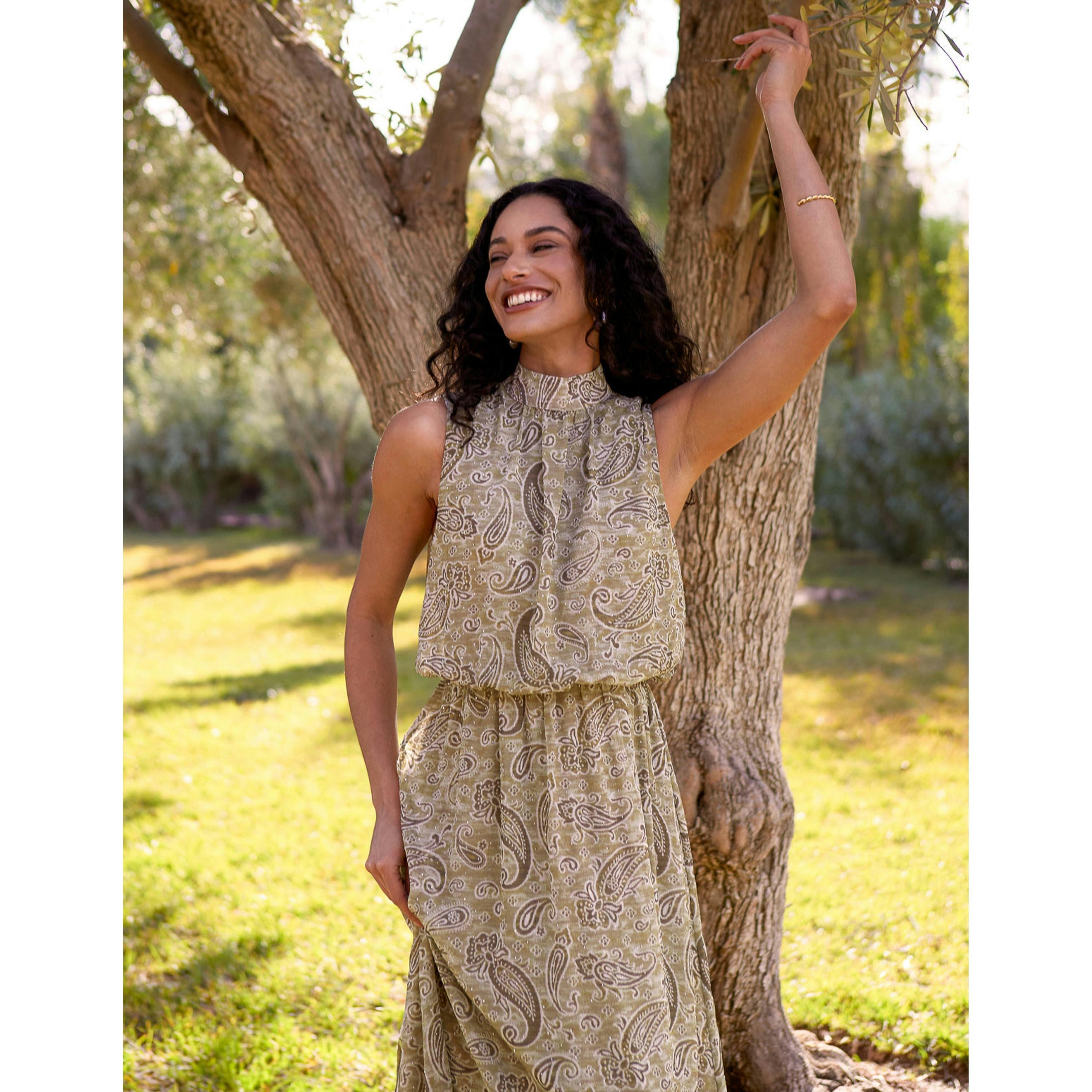 Blue Vanilla Paisley Print Rhinestone High Neck Midi Dress  in Khaki , view 5 of 6