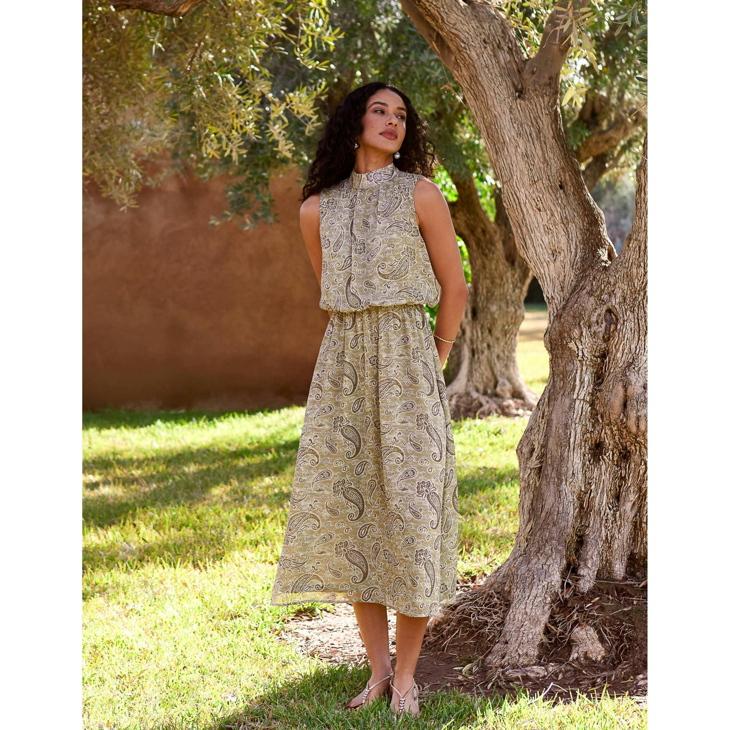 Blue Vanilla Paisley Print Rhinestone High Neck Midi Dress  in Khaki , view 6 of 6