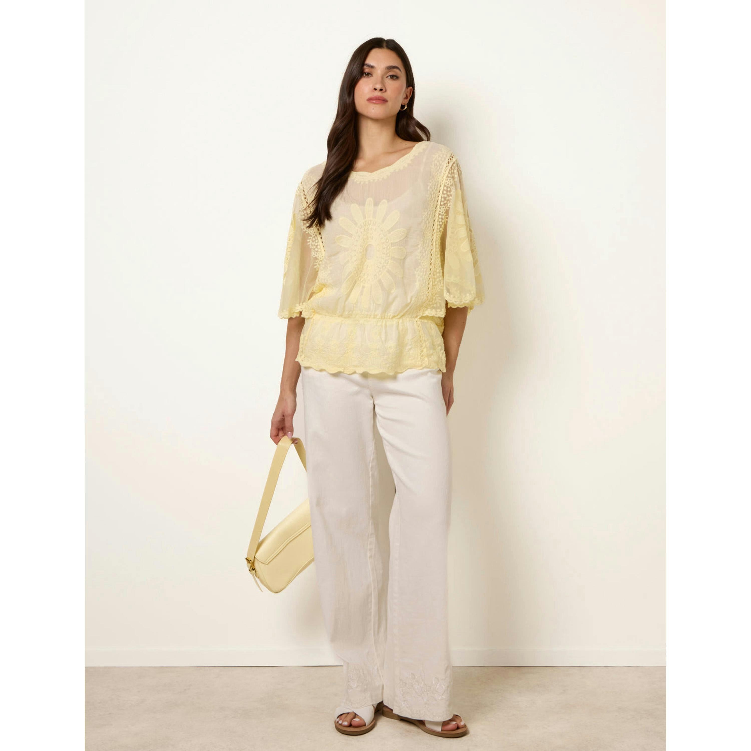 Blue Vanilla Sun Flower Lace Sleeve Blouse   in  Yellow , view 1 of 4