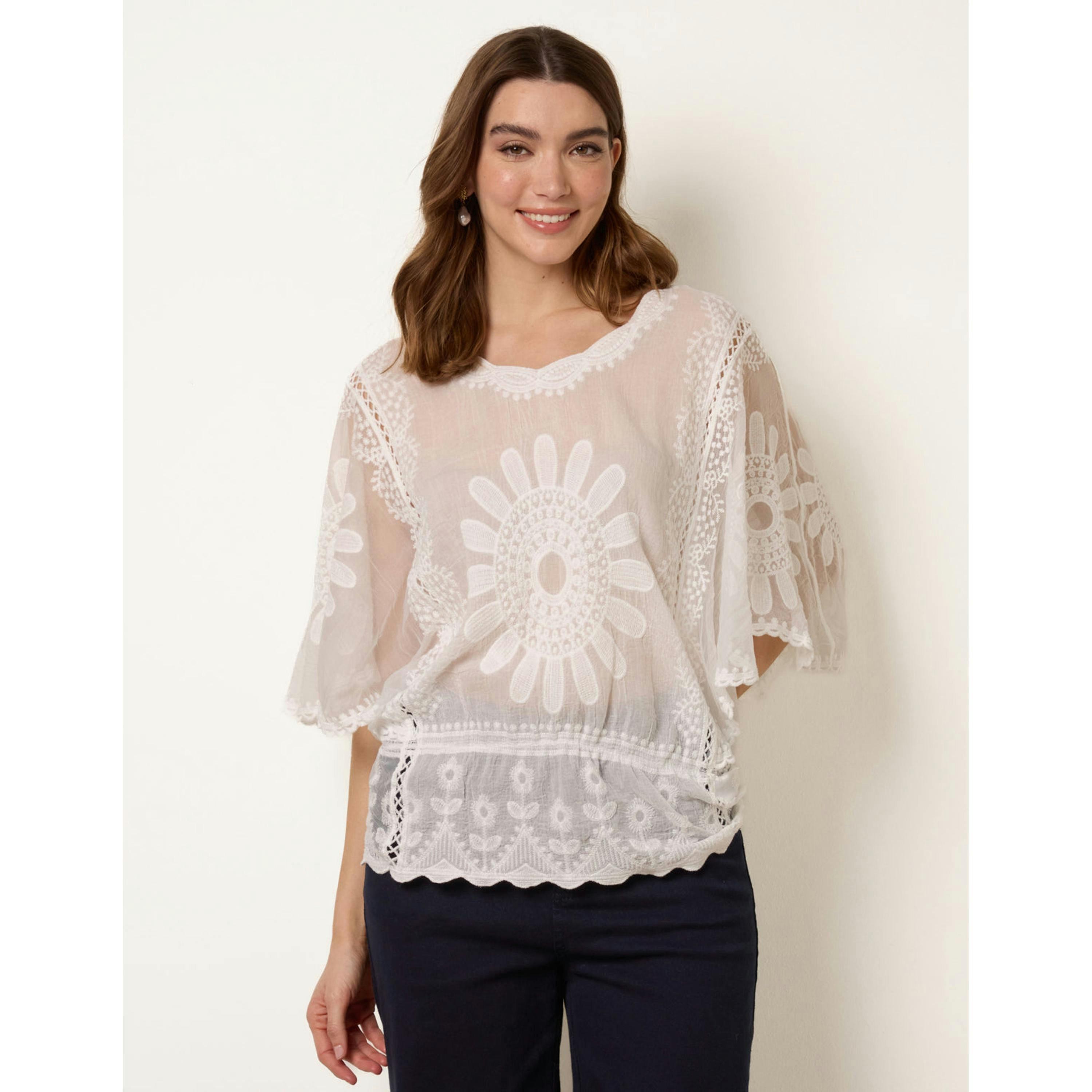 Blue Vanilla Sun Flower Lace Sleeve Blouse   in  Ivory , view 1 of 6
