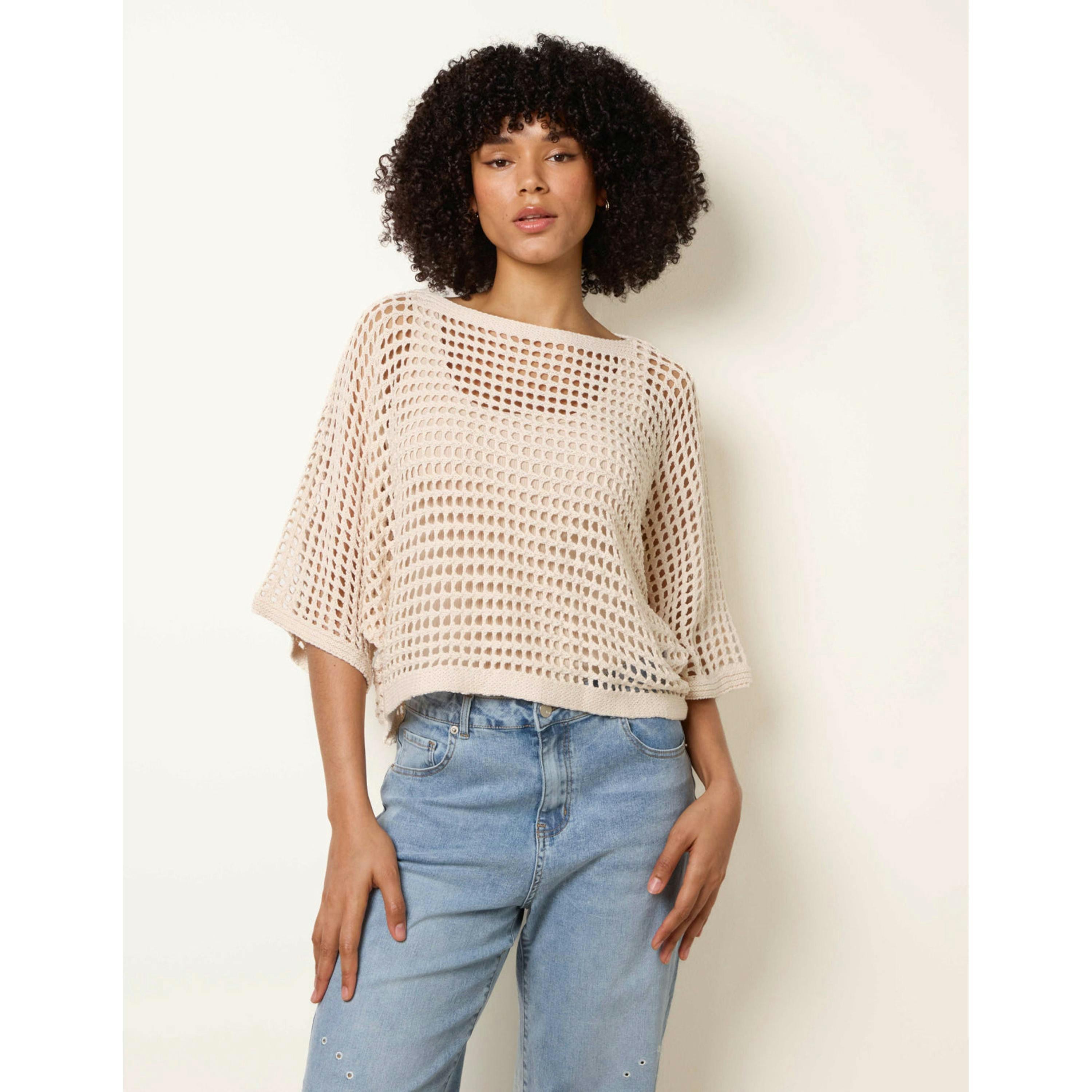 Blue Vanilla Round Neck Net Top  in Stone , view 1 of 4