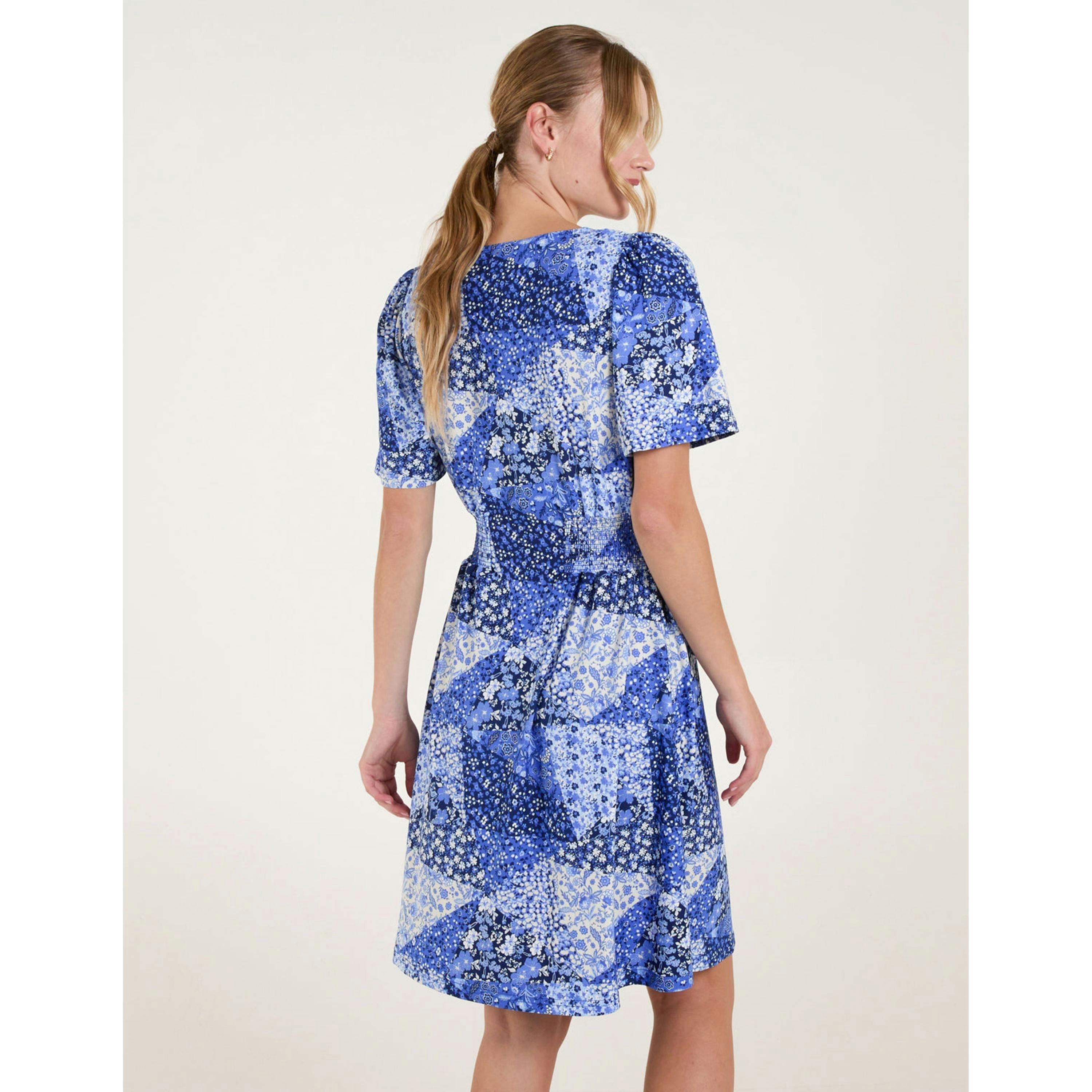 Blue Vanilla Shirred Waist Button Front Patchwork Mini Dress  in Blue , view 2 of 4