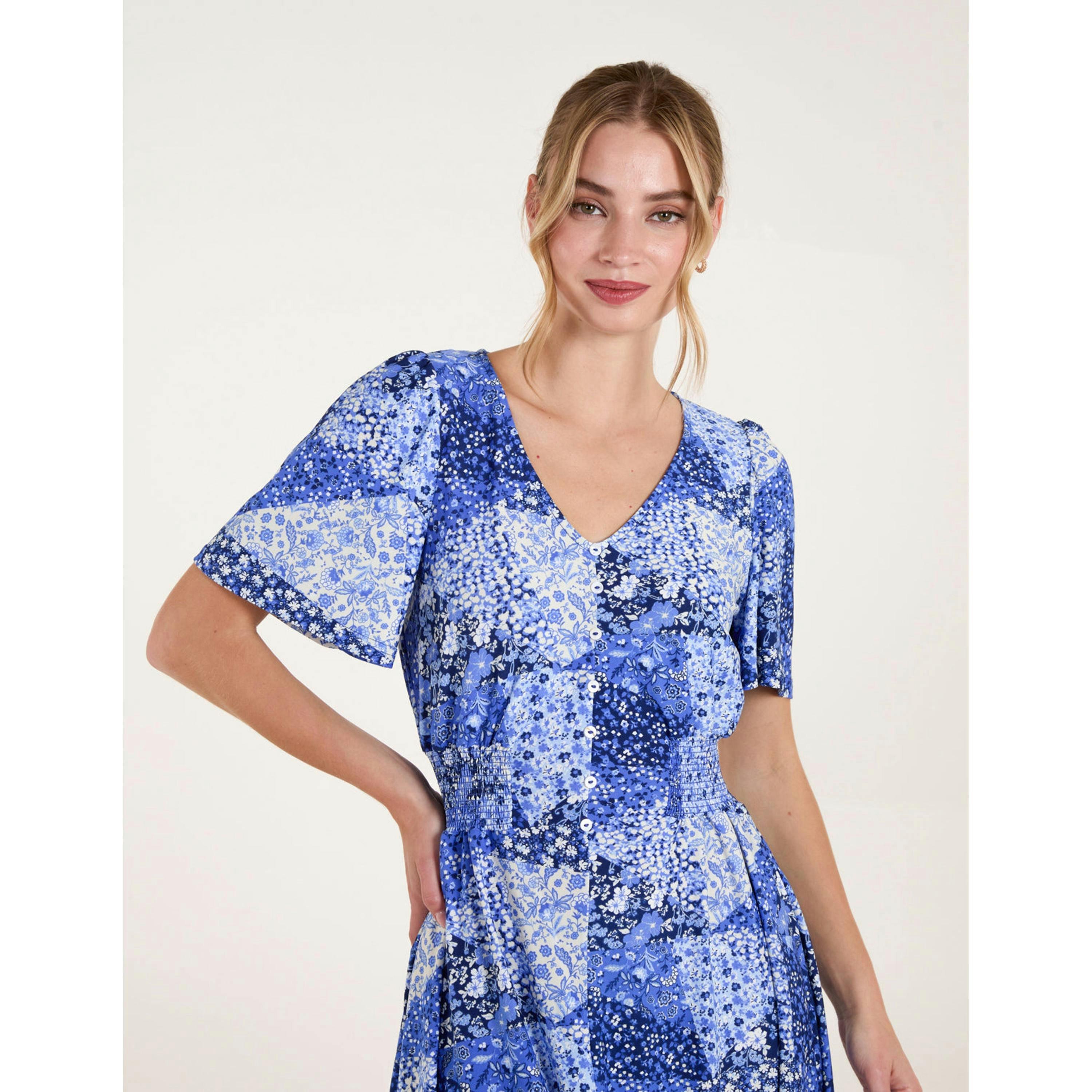 Blue Vanilla Shirred Waist Button Front Patchwork Mini Dress  in Blue , view 3 of 4