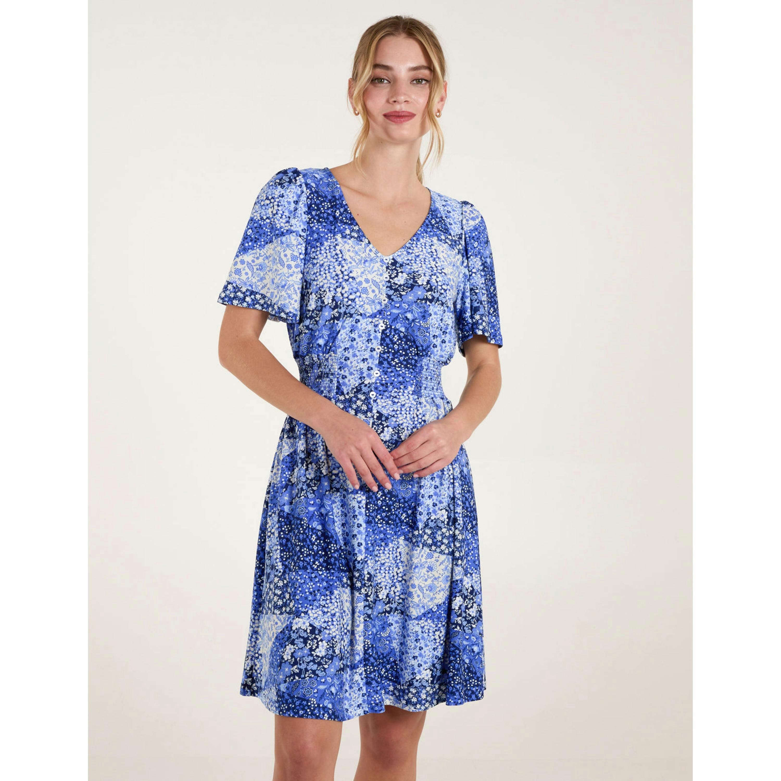 Blue Vanilla Shirred Waist Button Front Patchwork Mini Dress  in Blue , view 4 of 4