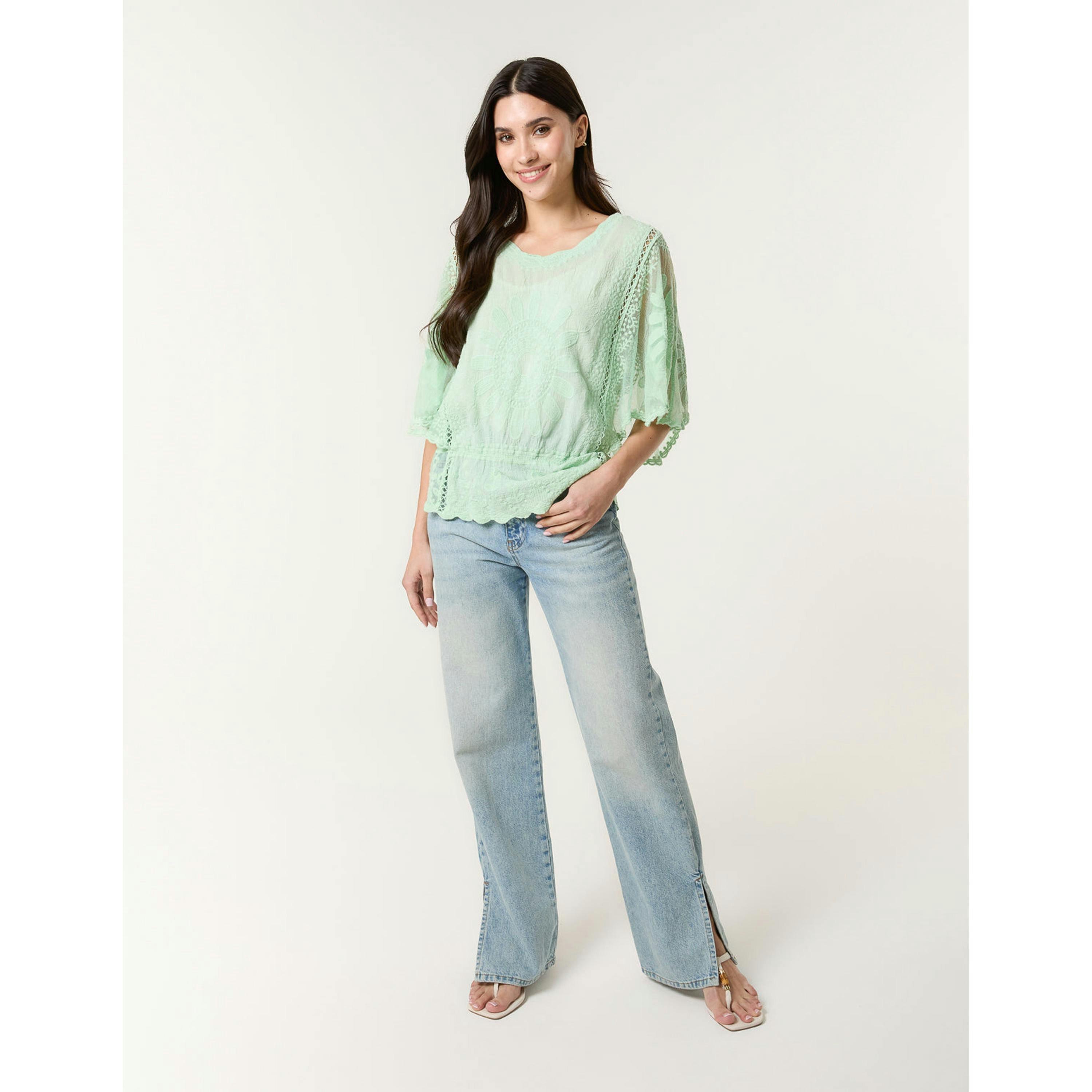 Blue Vanilla Sun Flower Lace Sleeve Blouse   in  Green , view 1 of 4