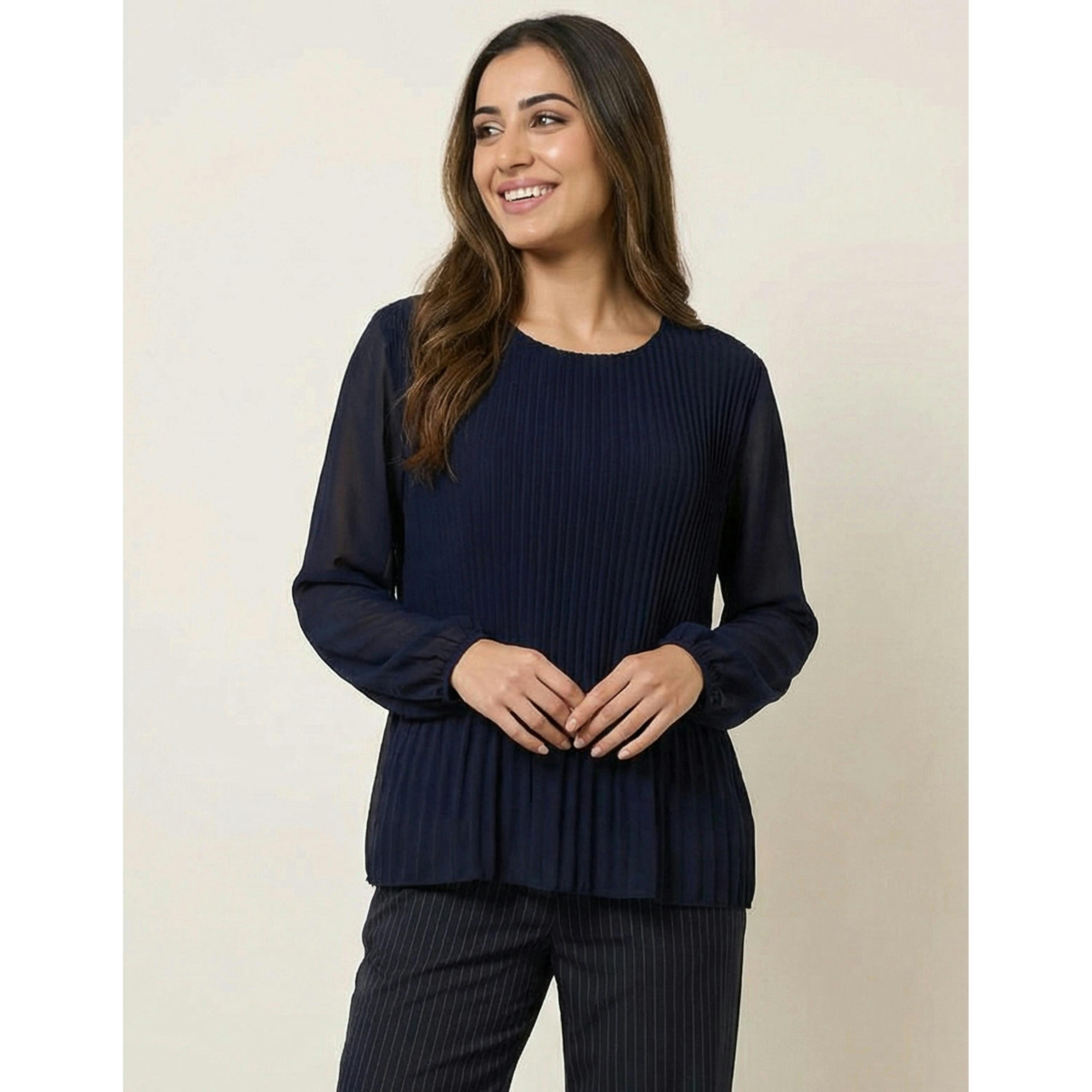 Blue Vanilla Long Sleeve Pleated Top   in  Navy , view 1 of 4