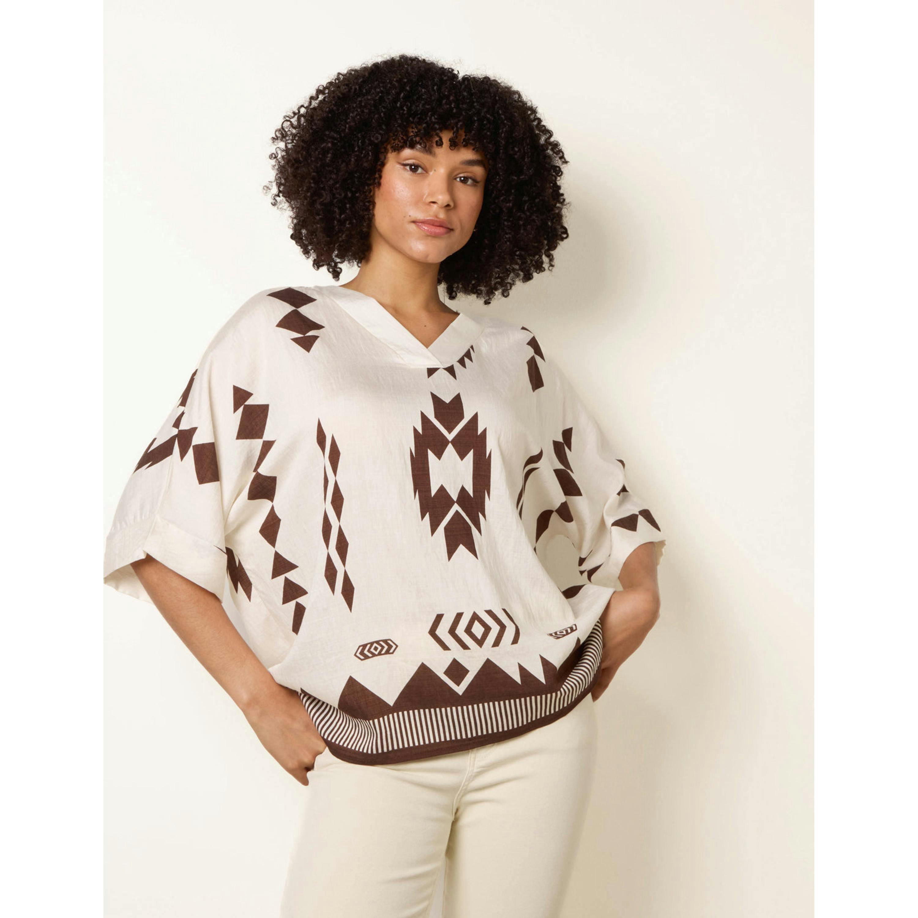 Blue Vanilla Linen Geometric Print Top   in  Beige , view 1 of 4