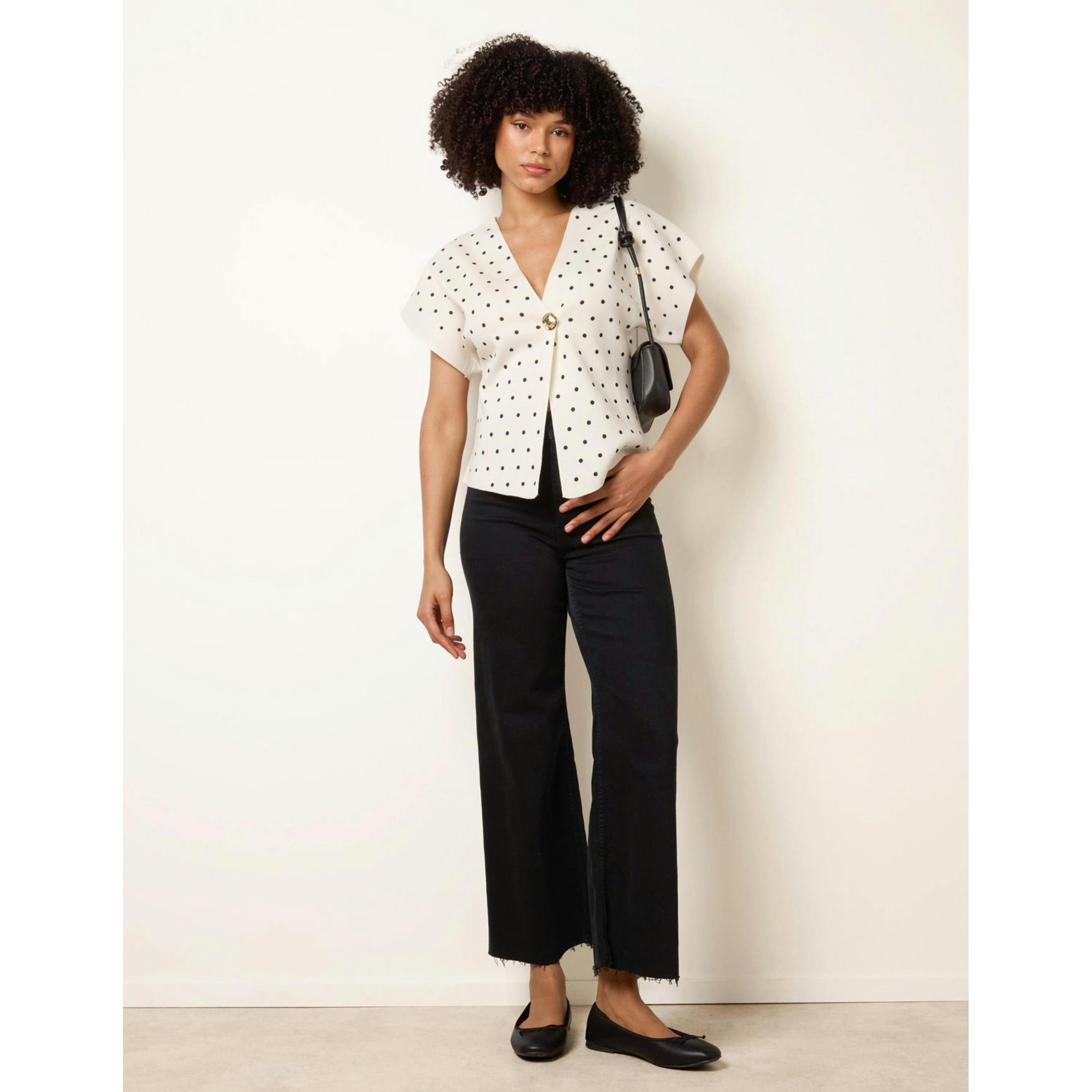 Blue Vanilla Polka Dot Short-Sleeve Knit Cardigan Top   in  Ivory , view 1 of 4