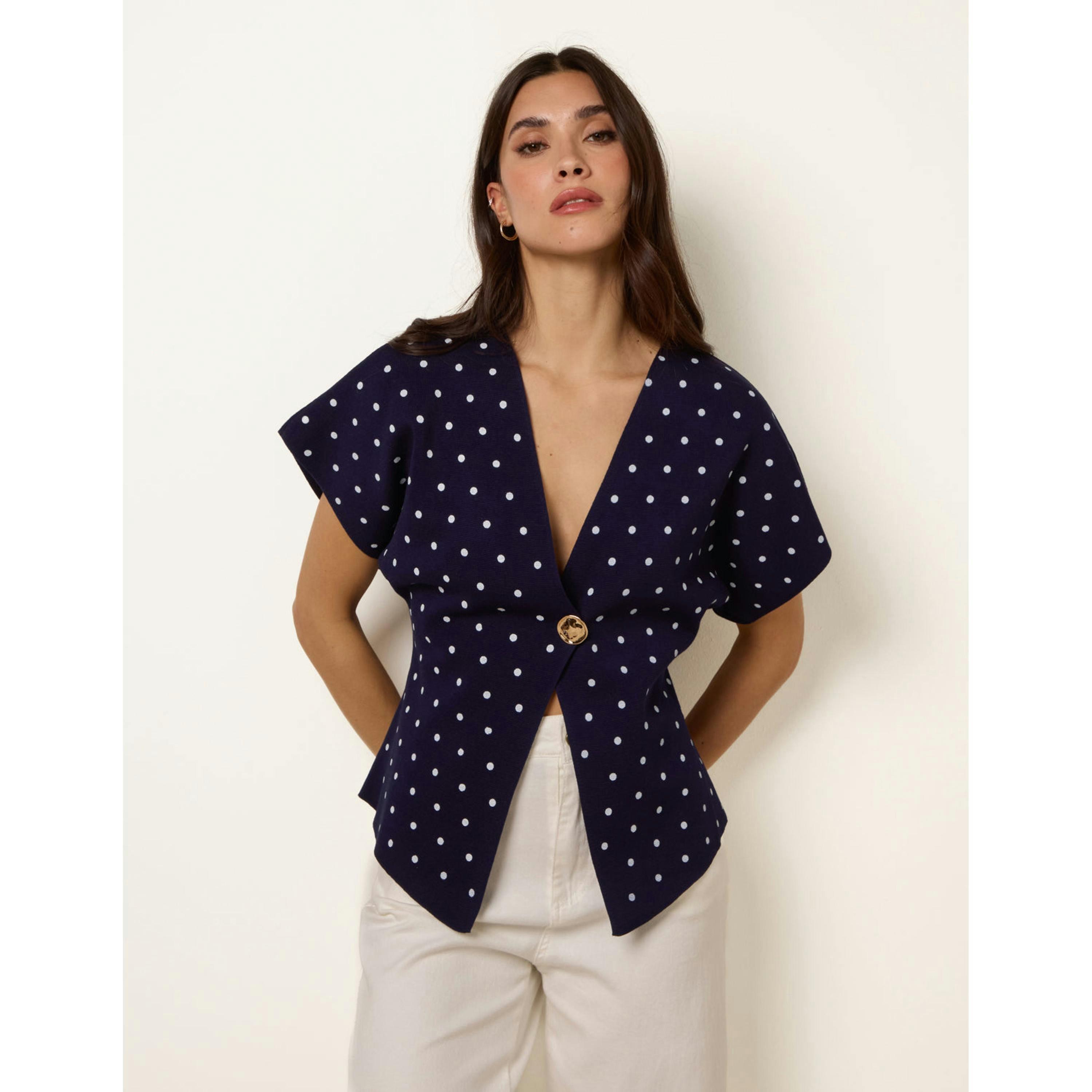 Blue Vanilla Polka Dot Short-Sleeve Knit Cardigan Top   in  Navy , view 1 of 4