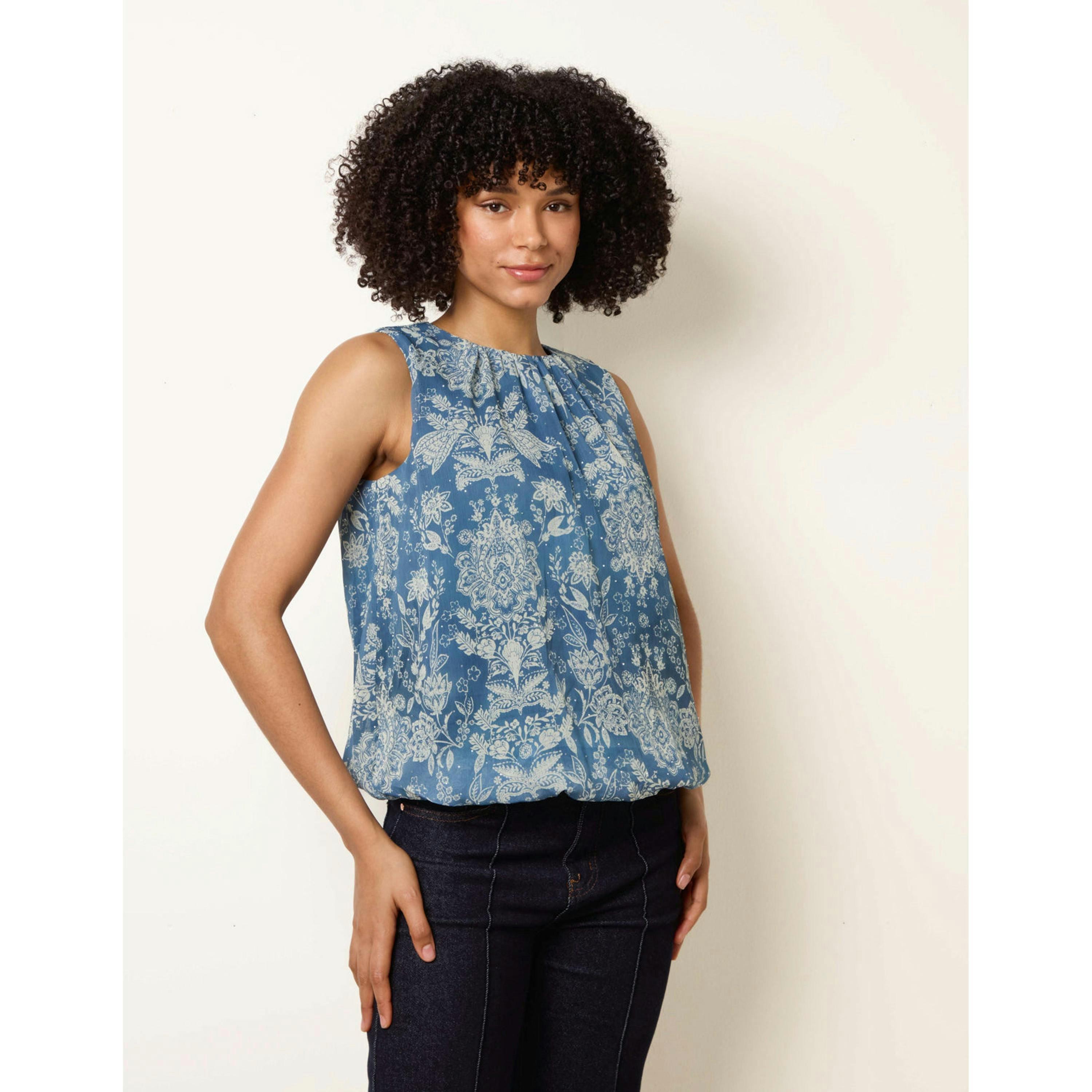 Blue Vanilla Paisley Rhinestone Detailed Bubble Hem Blouse   in  Blue , view 1 of 4