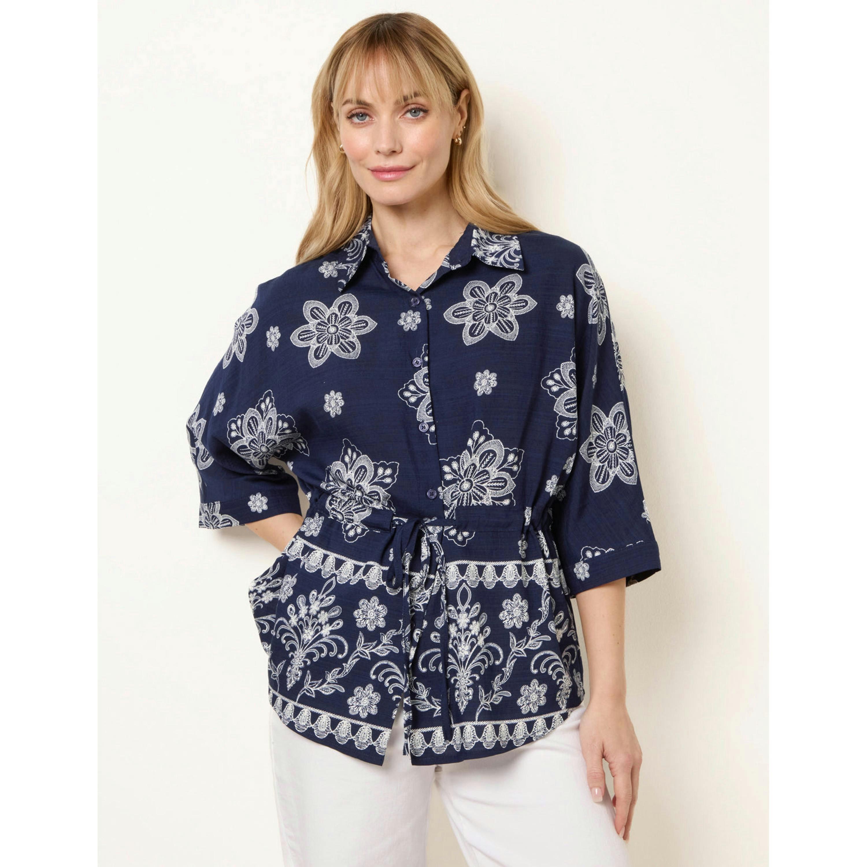 Blue Vanilla Floral 3/4 Sleeve Tie Waist Shirt   in  Navy , view 1 of 4