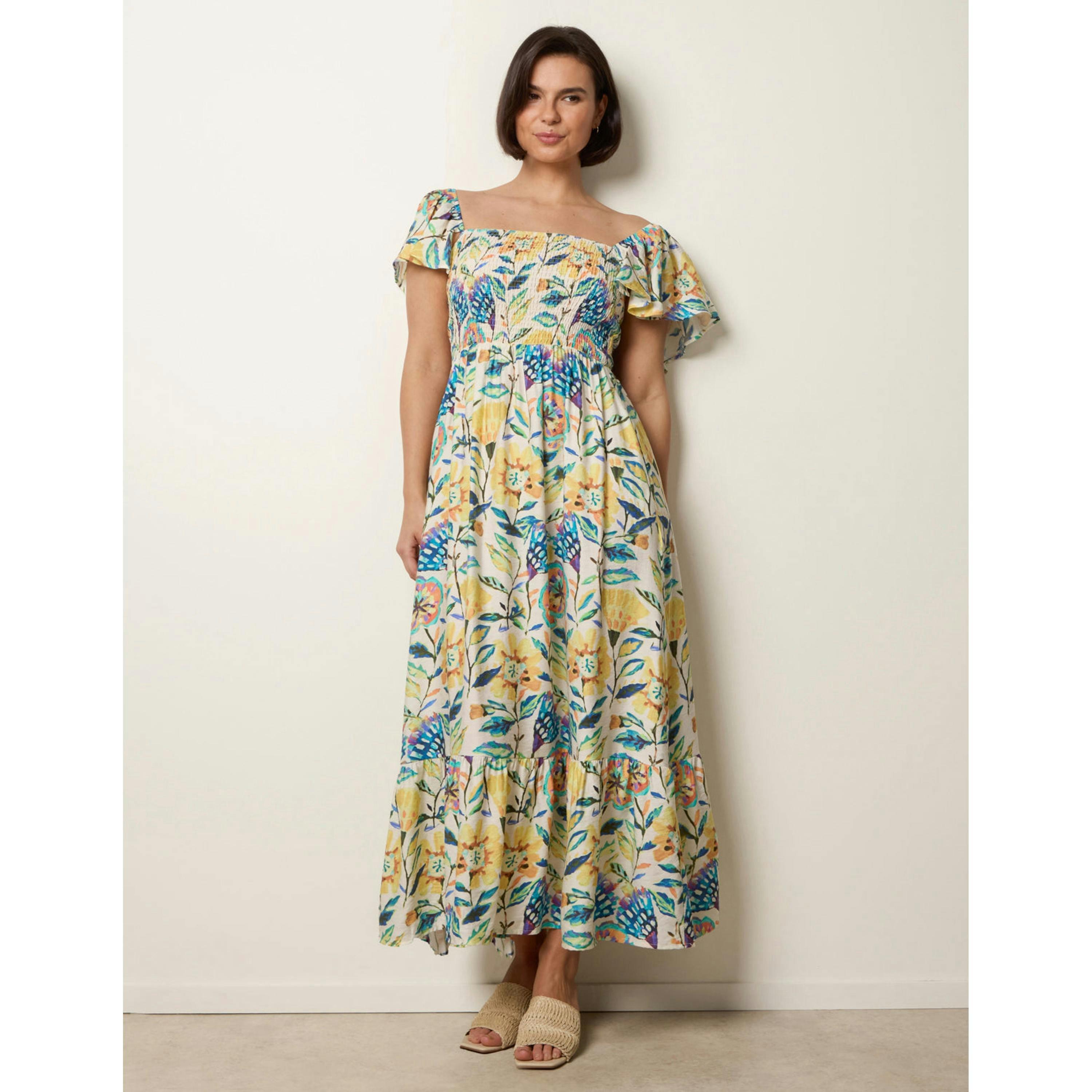 Blue Vanilla Frill Sleeveless Tropical Floral Print Dress   in  Multicolour , view 1 of 4