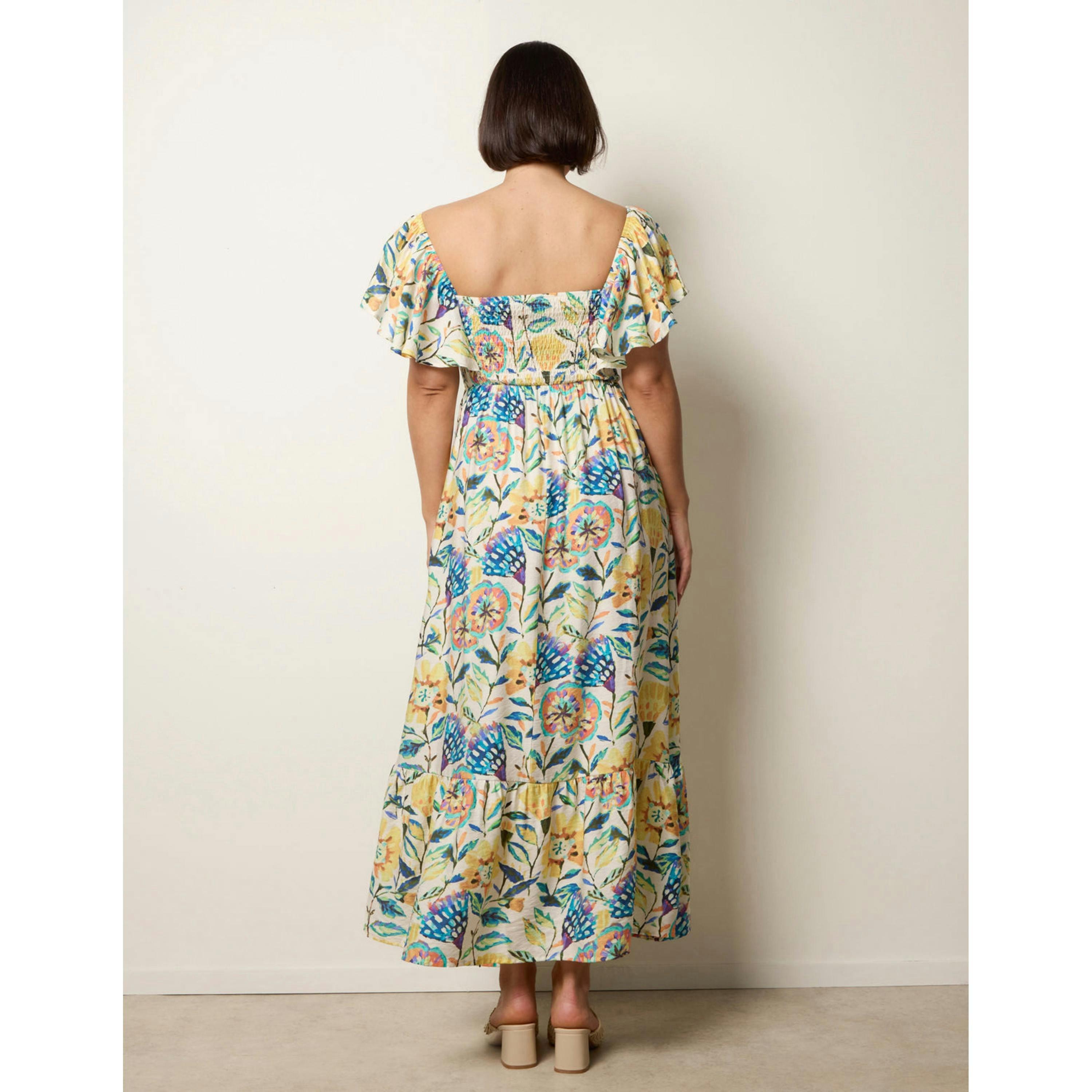 Blue Vanilla Frill Sleeveless Tropical Floral Print Dress  in Multicolour , view 2 of 4