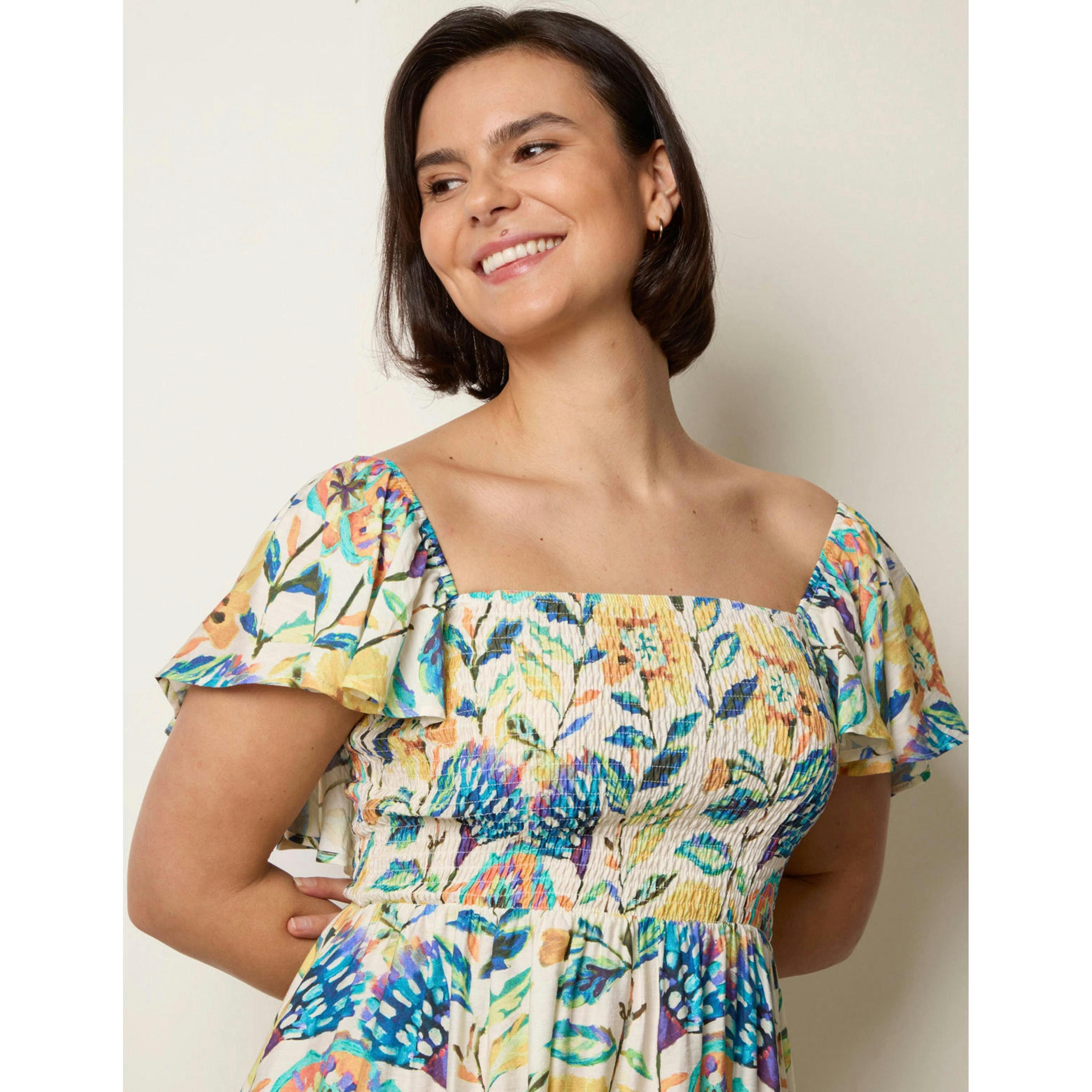 Blue Vanilla Frill Sleeveless Tropical Floral Print Dress  in Multicolour , view 3 of 4