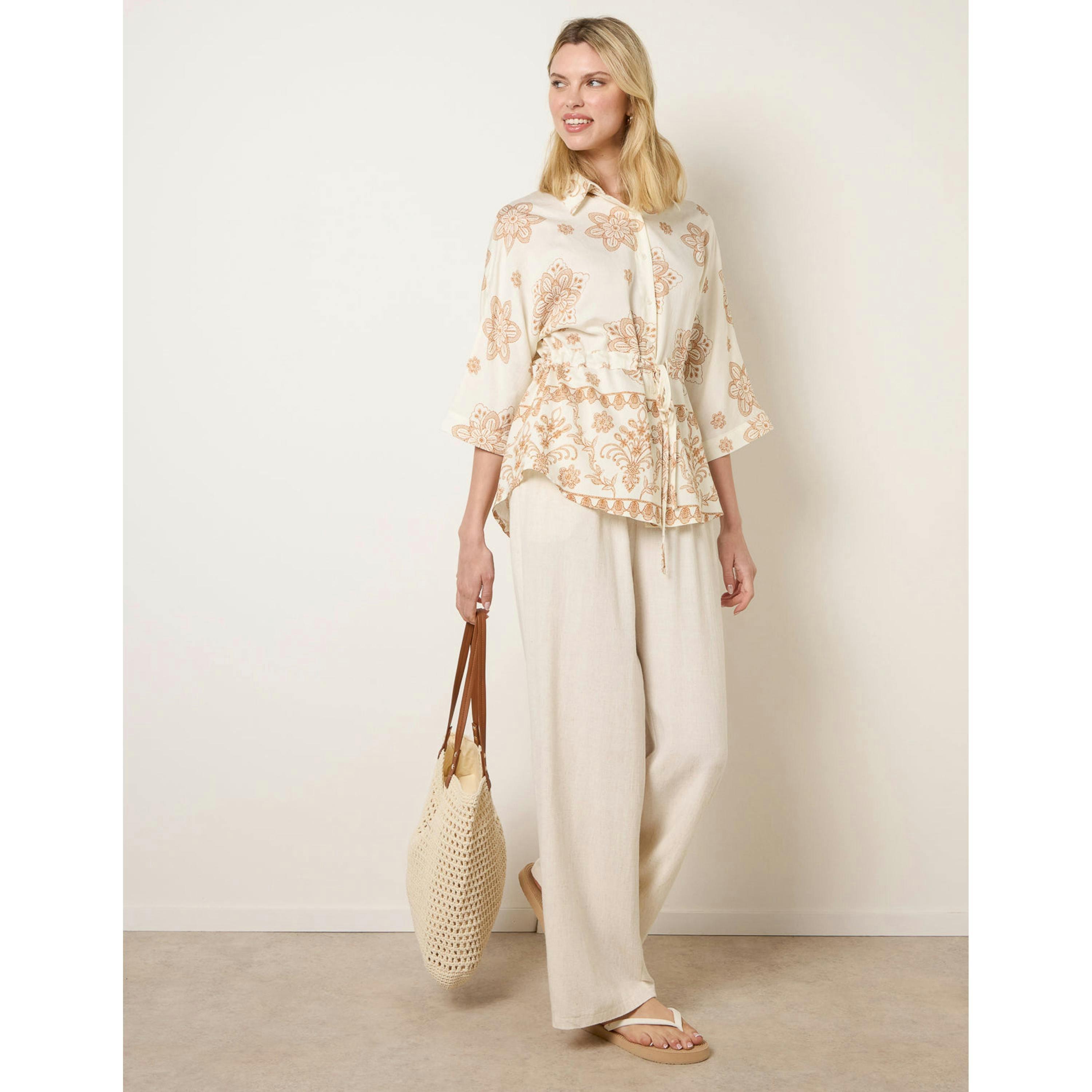 Blue Vanilla Floral 3/4 Sleeve Tie Waist Shirt   in  Beige , view 1 of 4